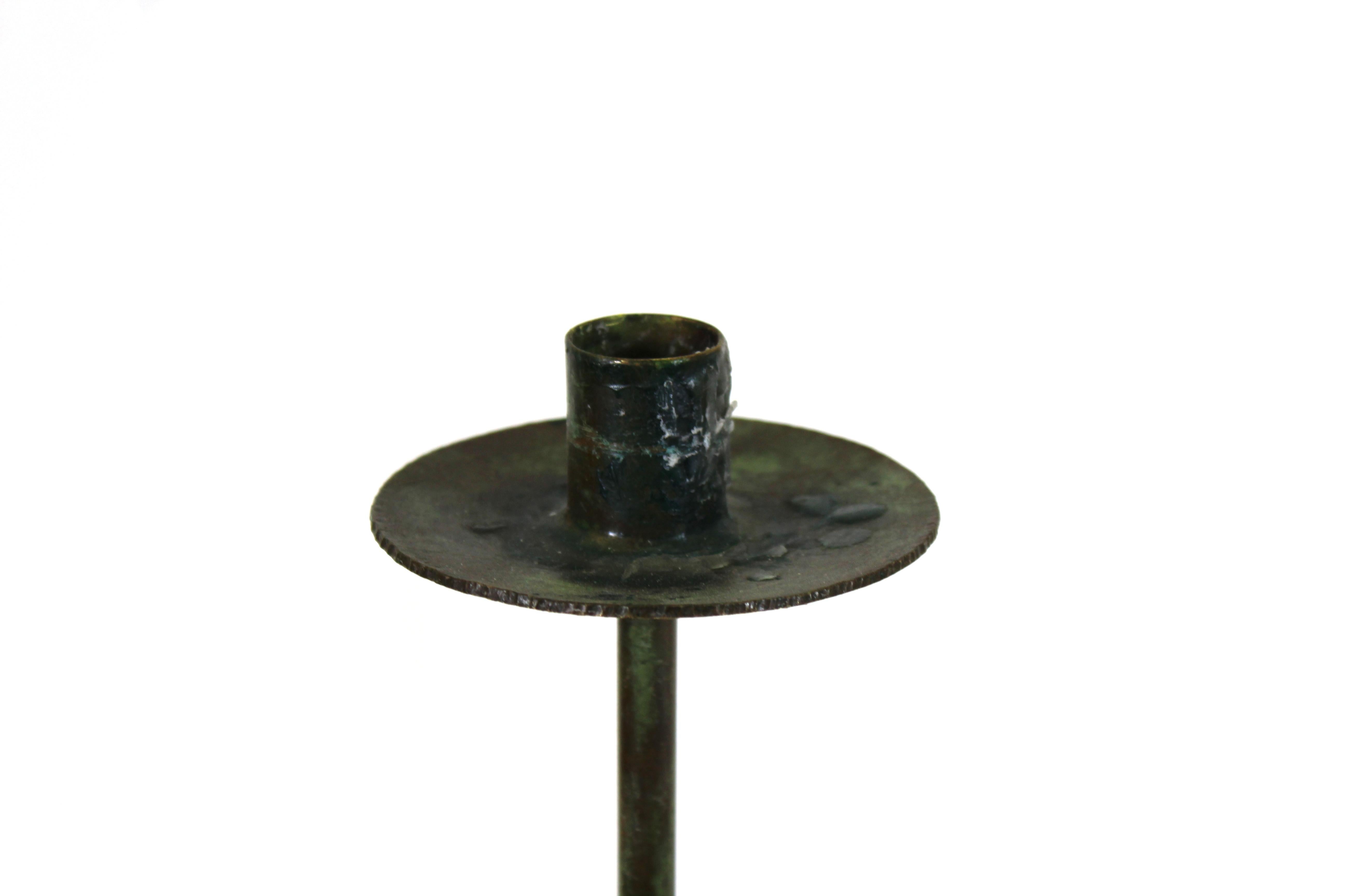 Unknown Modernist Style Metal Tripod Candlesticks with Verdigris Patina