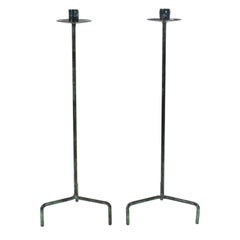 Modernist Style Metal Tripod Candlesticks with Verdigris Patina