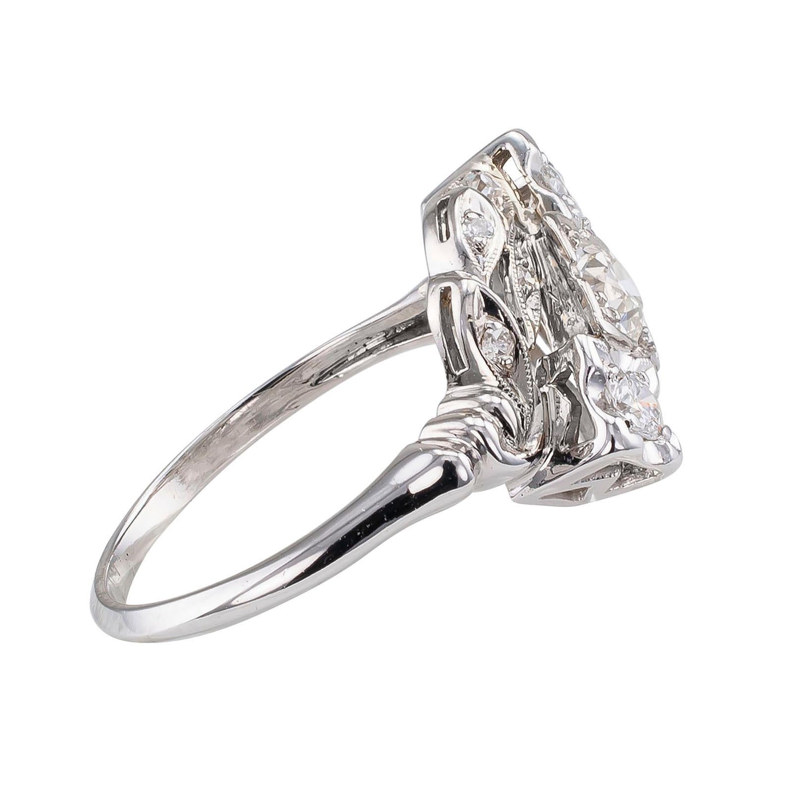 Modernist 1950s Three Stone Diamond White Gold Engagement Ring For Sale