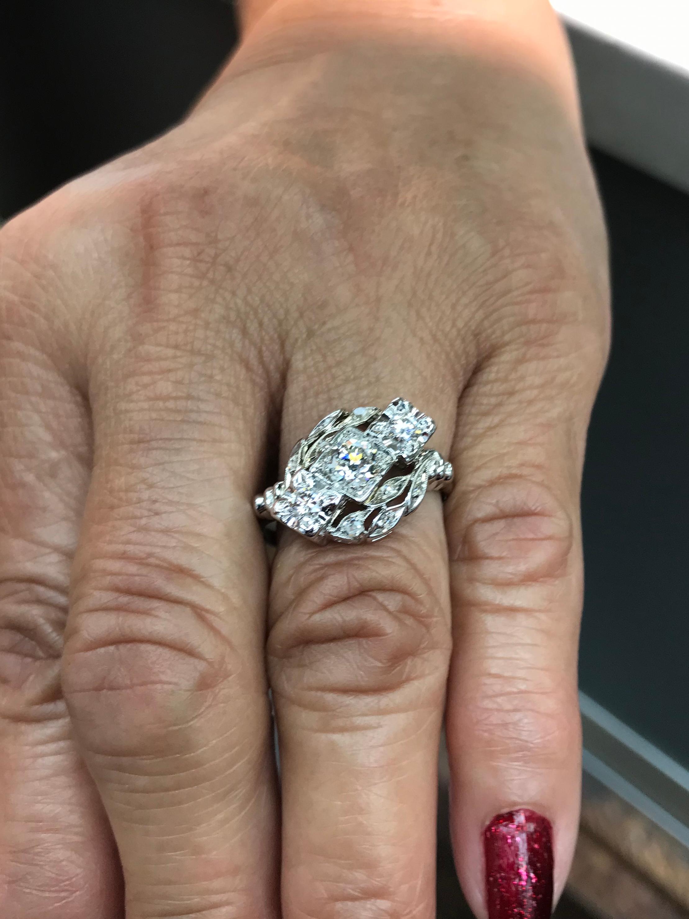 1950s Three Stone Diamond White Gold Engagement Ring In Good Condition For Sale In Los Angeles, CA