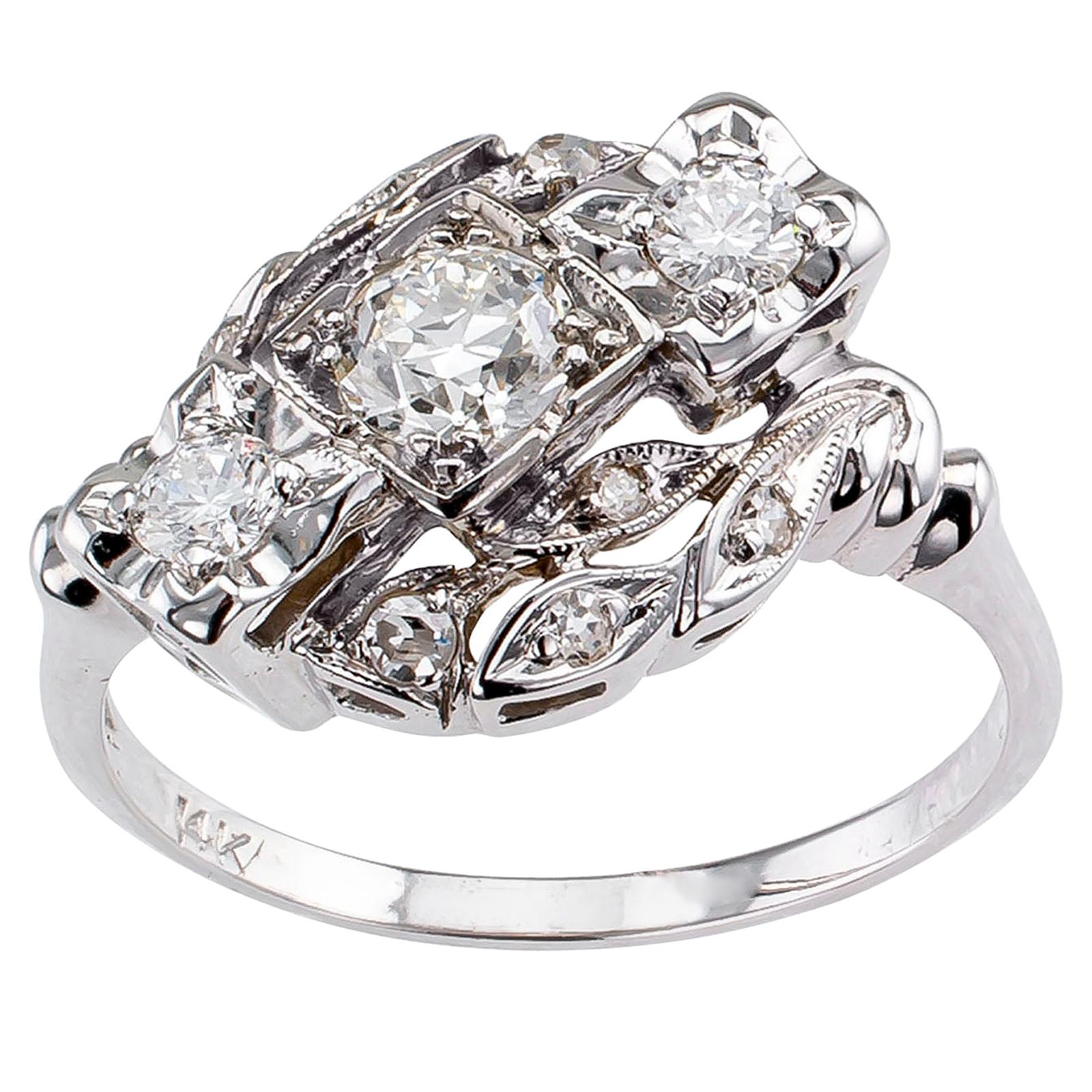 Modernist Style Three-Stone Diamond White Gold Engagement Ring
