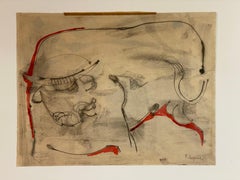 Modernist Stylized Bull Watercolor by Oreste Dequel (1923-1989)