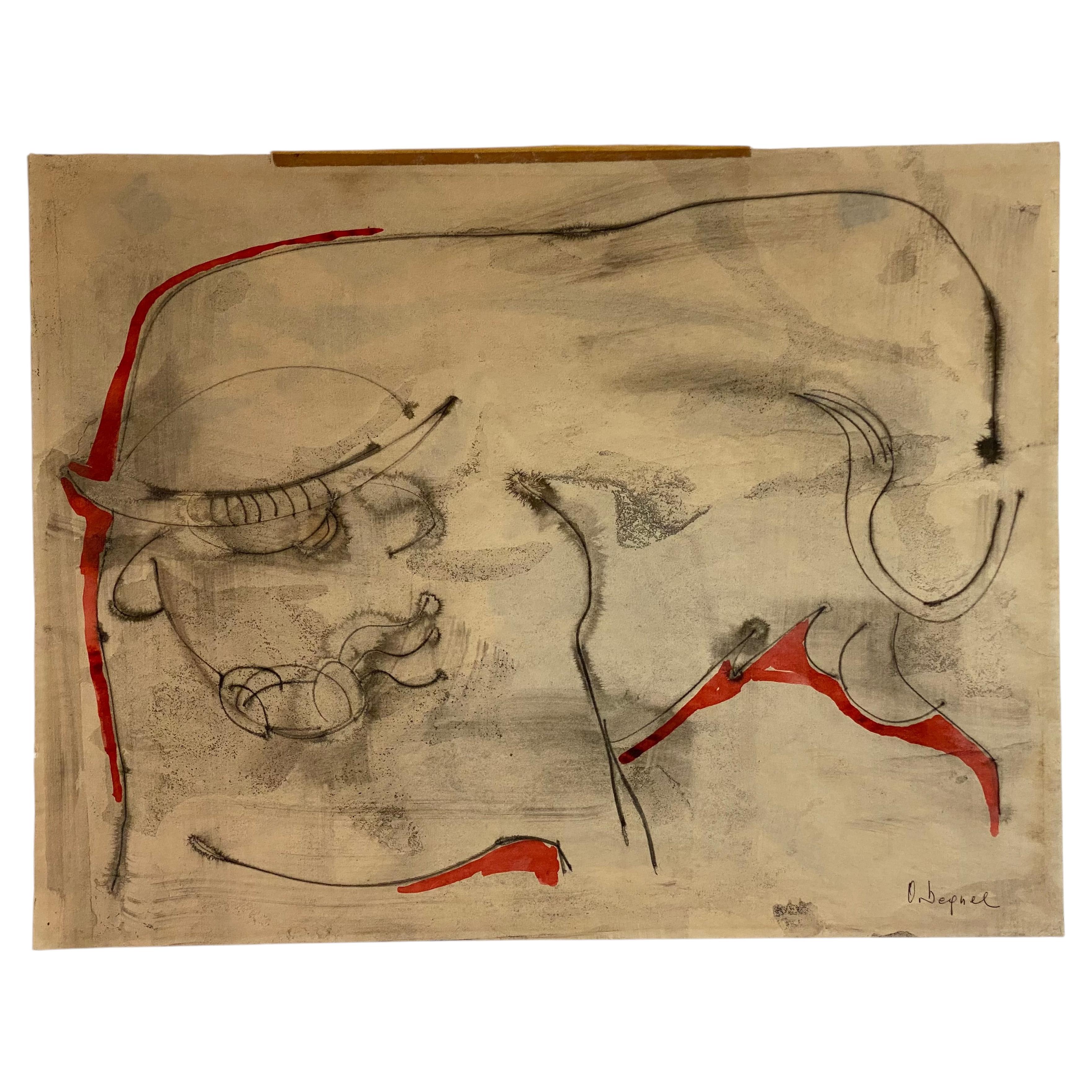 Modernistisches stilisiertes Stier-Aquarell von Oreste Dequel (1923-1989)