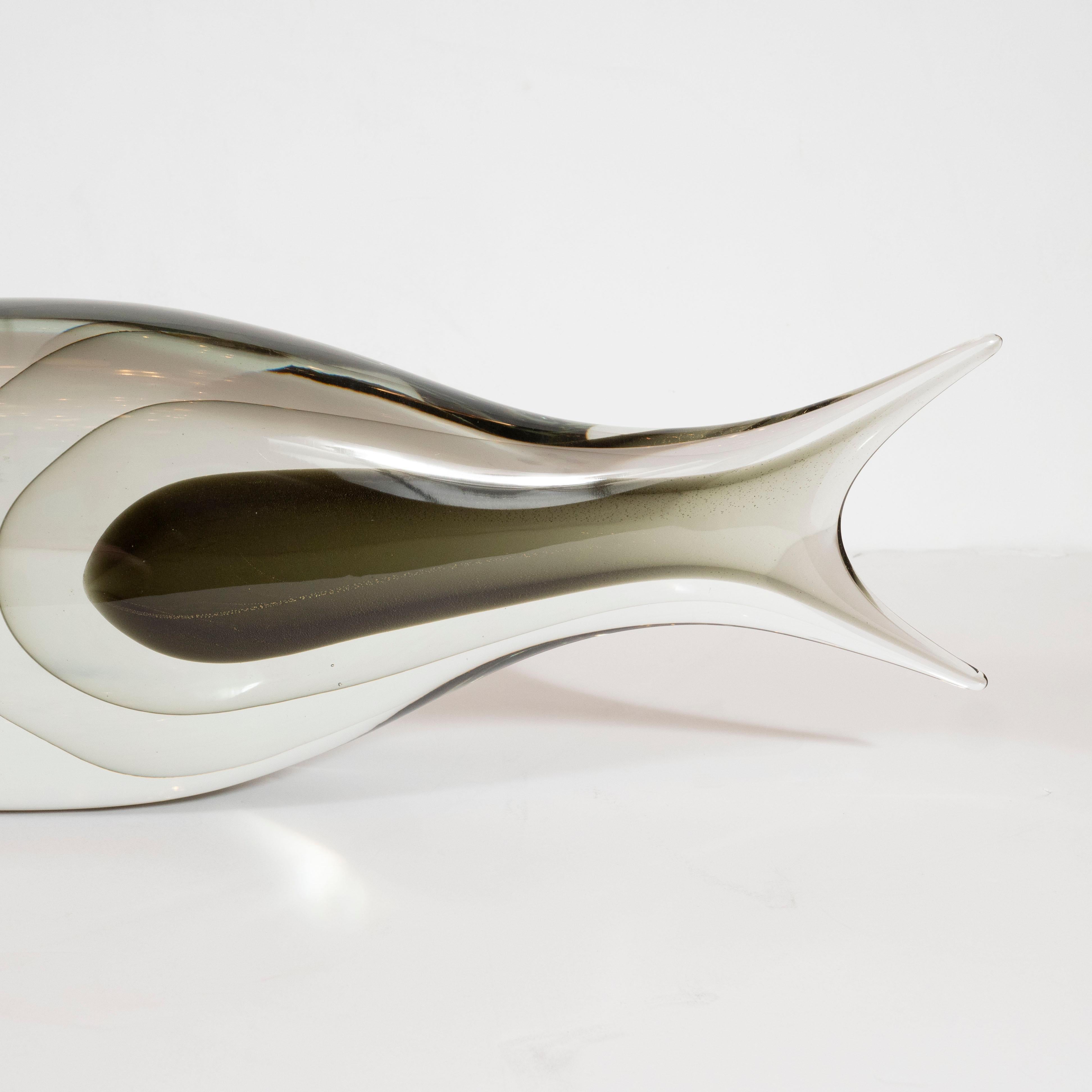 Contemporary Modernist Stylized Fish Sculpture in Handblown Smoked & Translucent Murano Glass