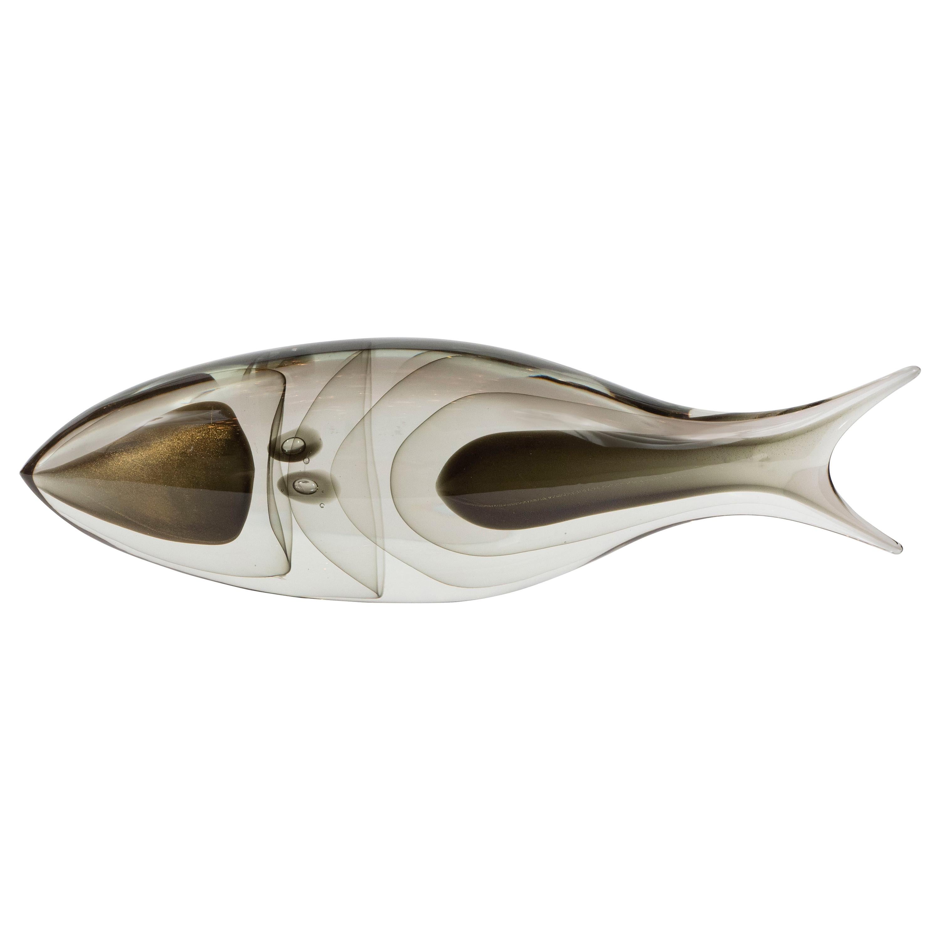 Modernist Stylized Fish Sculpture in Handblown Smoked & Translucent Murano Glass