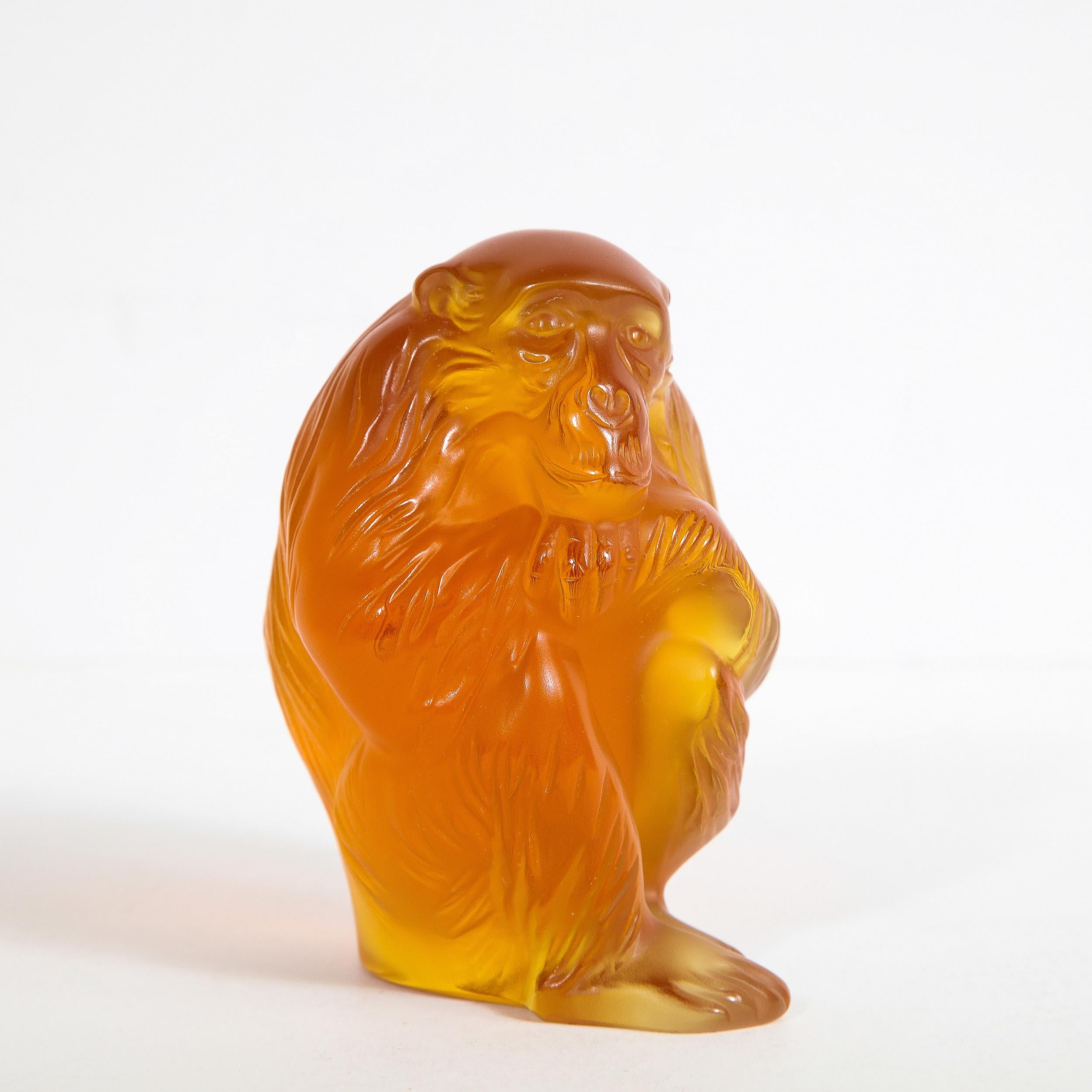 Art Deco Modernist Stylized Monkey Sculpture in Carnelian Glass Signed by Lalique