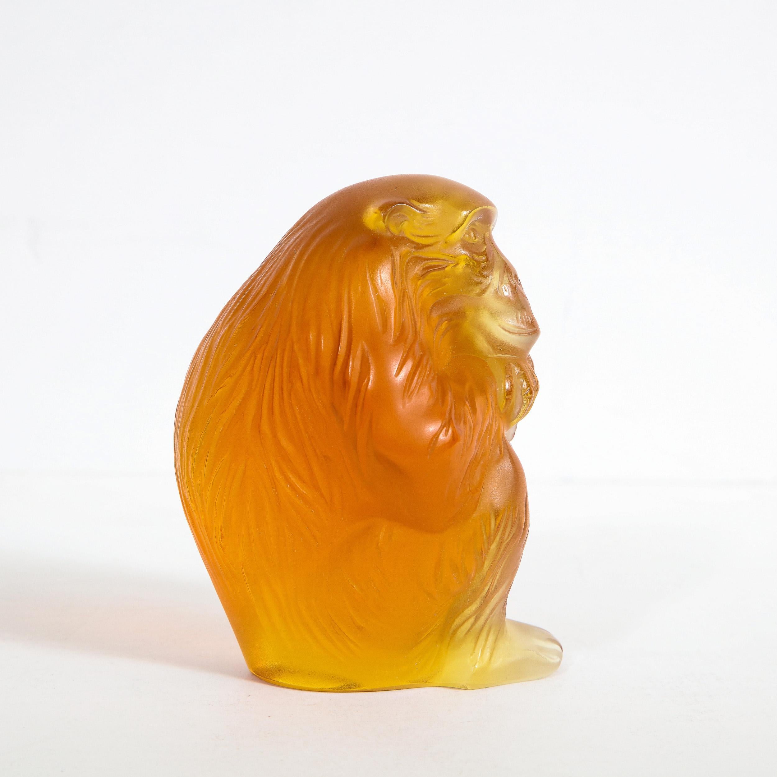 French Modernist Stylized Monkey Sculpture in Carnelian Glass Signed by Lalique