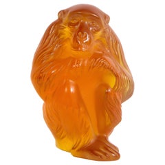 Vintage Modernist Stylized Monkey Sculpture in Carnelian Glass Signed by Lalique