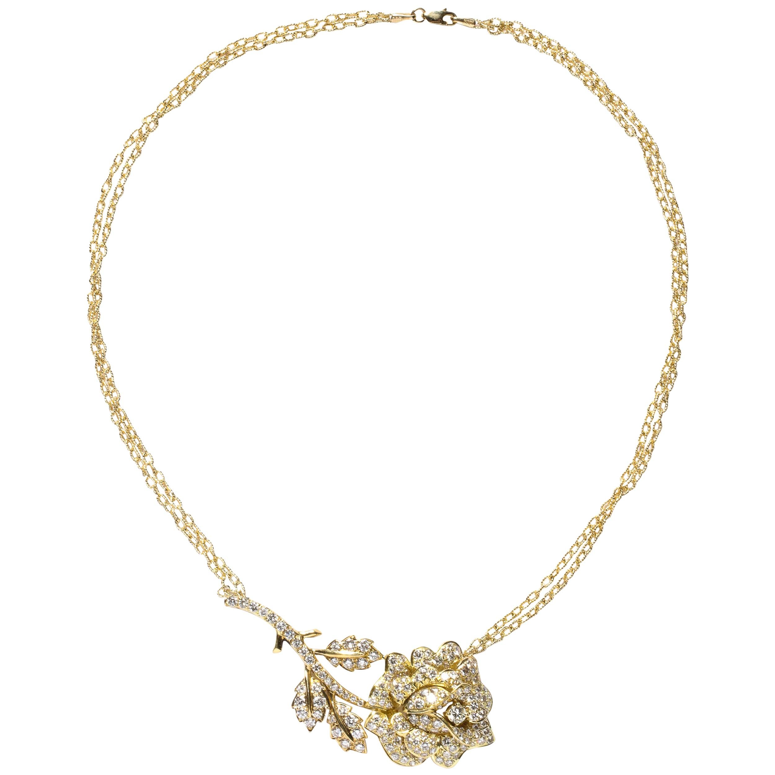 Modernist Stylized Rose Pendant Necklace with 3ct White Diamonds & 18kt Gold For Sale