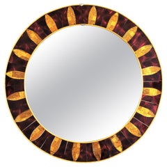 Round Sunburst Mirror with Garnet and Golden Glass Mosaic Frame, 1960s