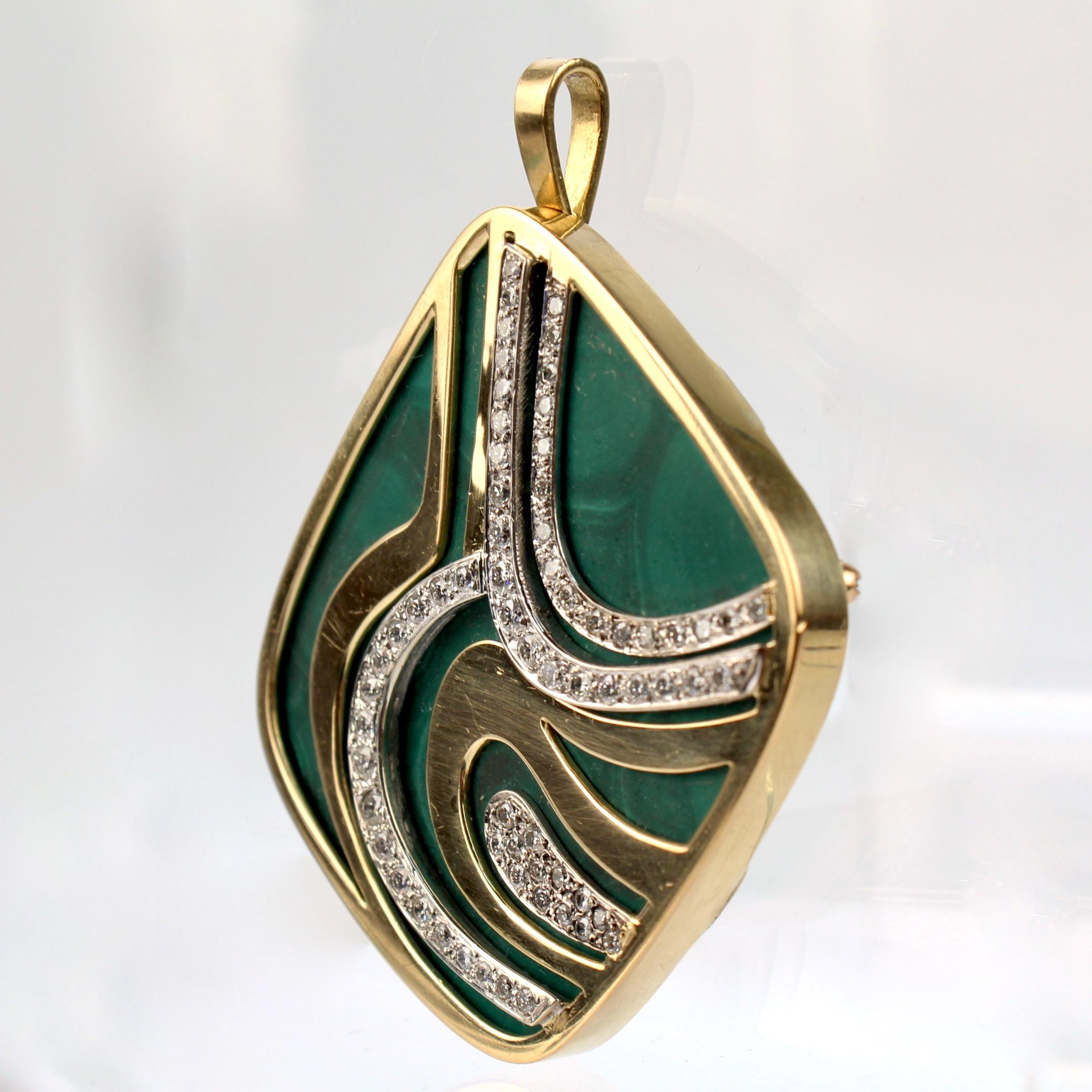 Modernist Swiss 18k Gold, Diamond and Malachite Pendant Brooch by Weber & Cie. In Good Condition In Philadelphia, PA