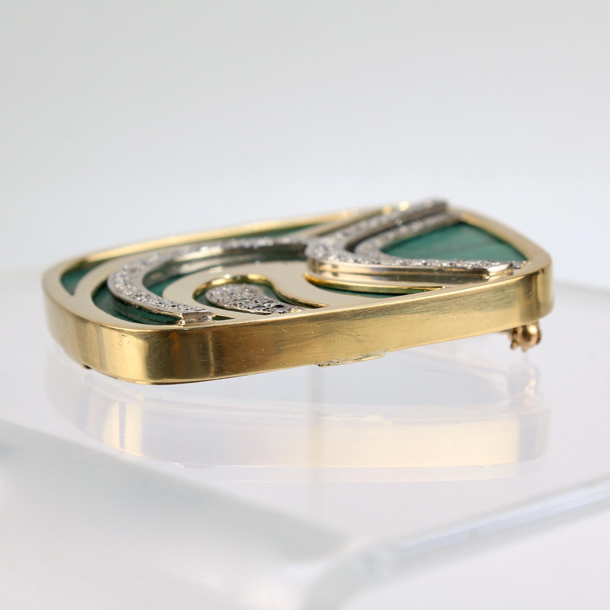 Modernist Swiss 18k Gold, Diamond and Malachite Pendant Brooch by Weber & Cie. 3