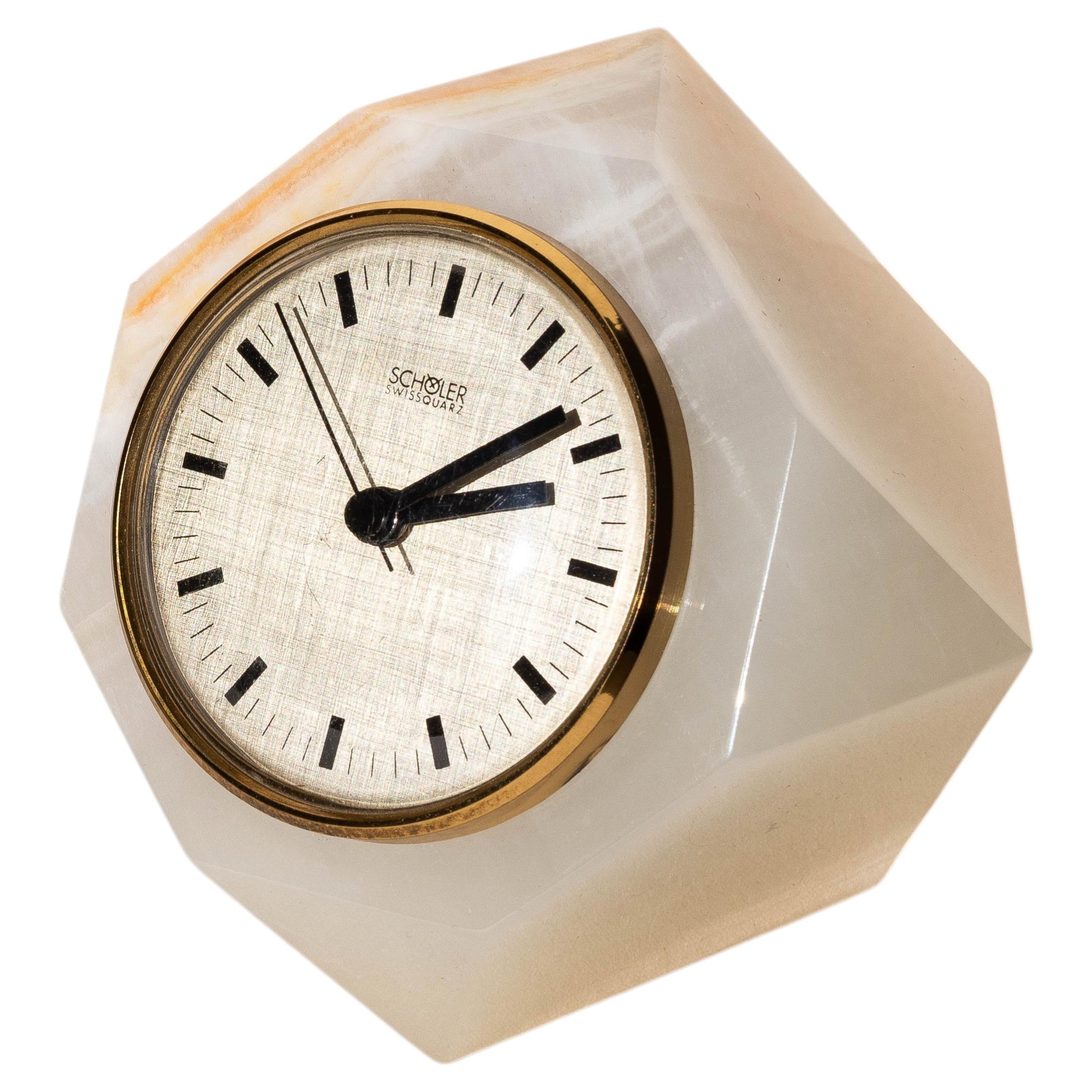 Modernist Swiss Table Clock, Onyx & Brass - Paperweight Clock, Switzerland 1970s