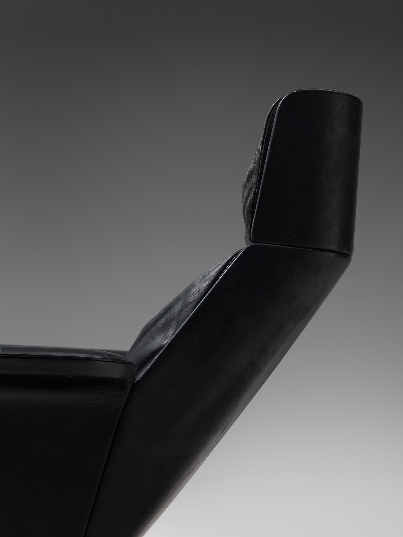 Modernist Swivel Lounge Chair with Ottoman in Black Leather 3