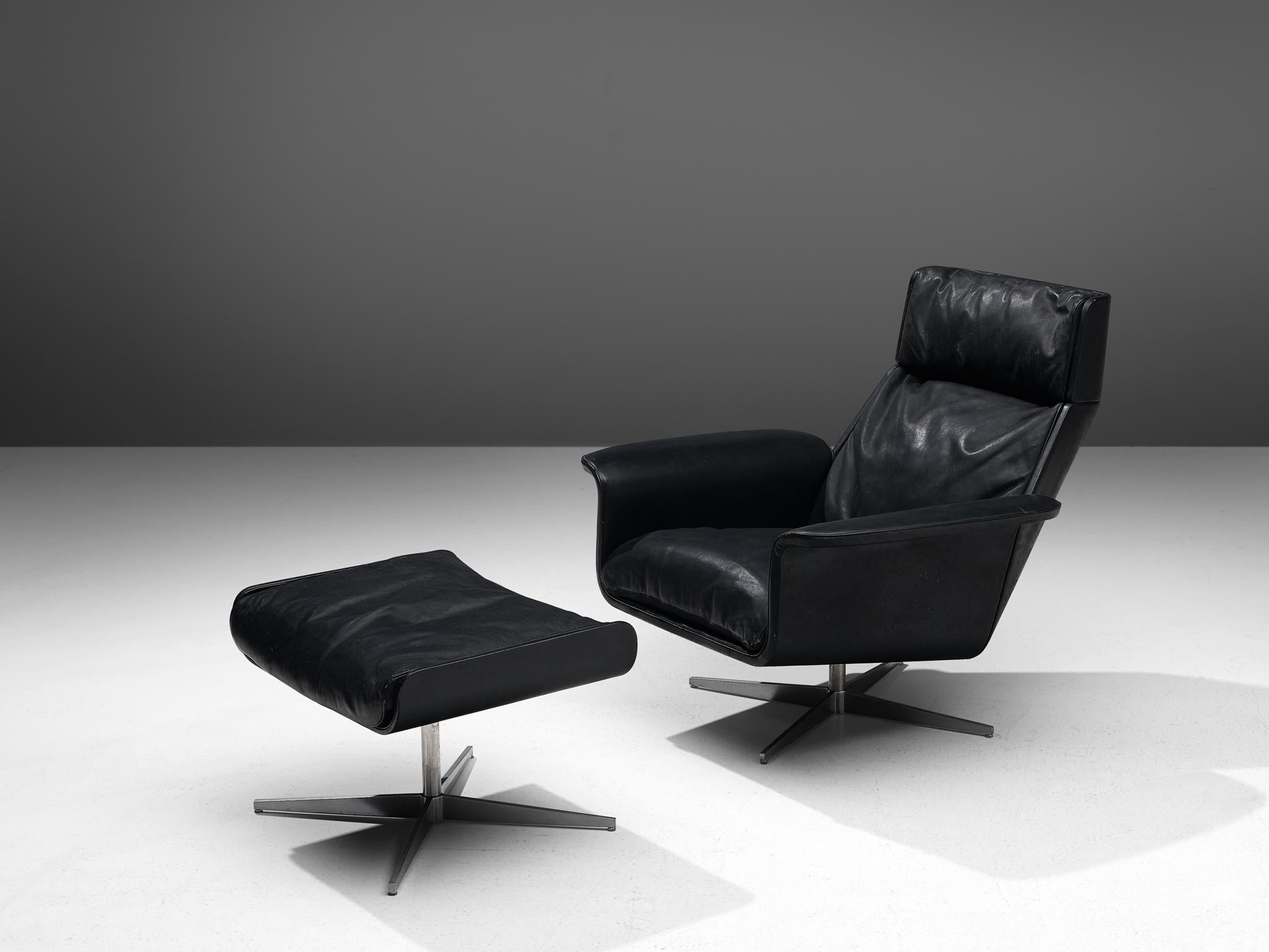 Mid-Century Modern Modernist Swivel Lounge Chair with Ottoman in Black Leather