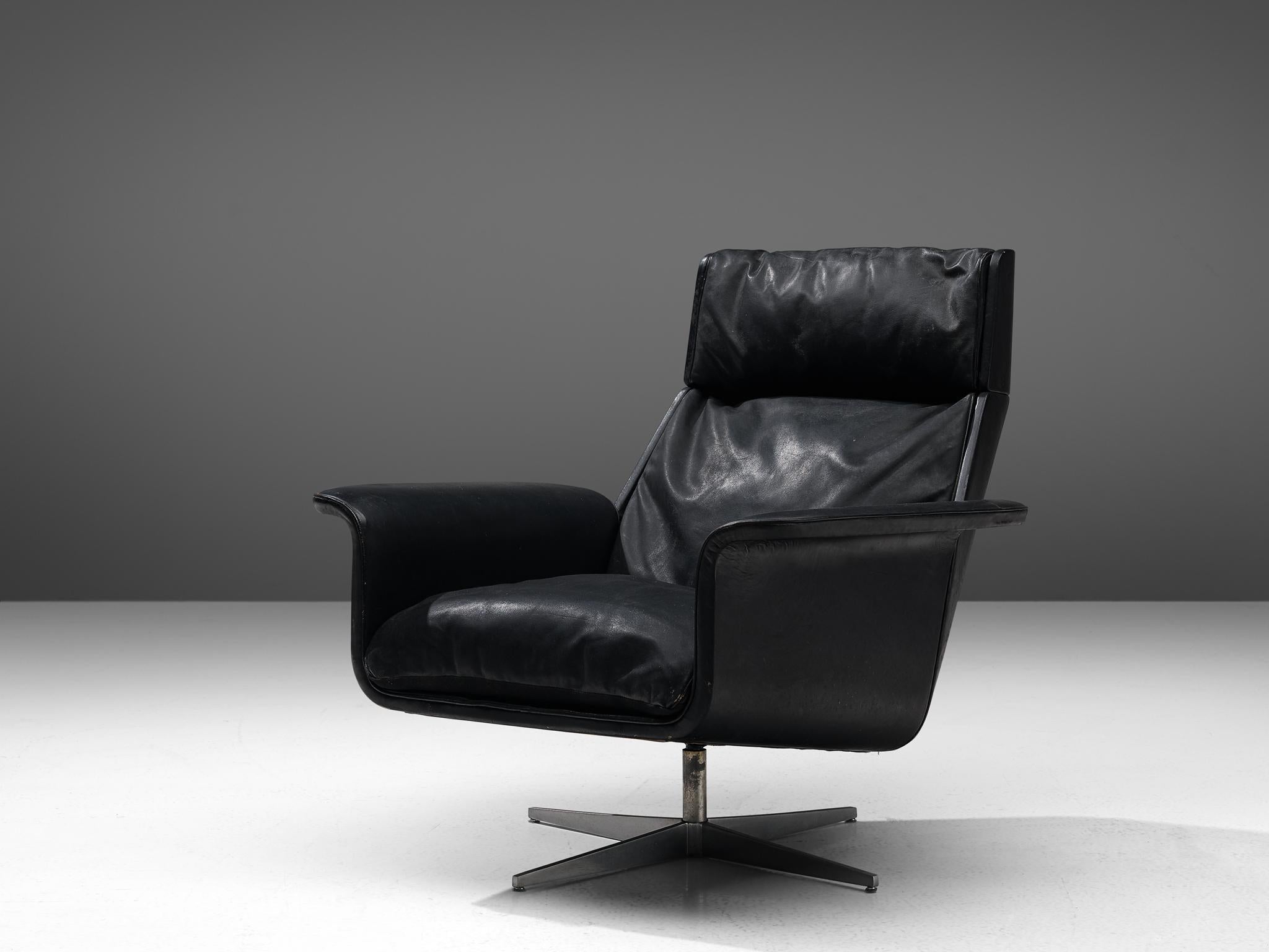 German Modernist Swivel Lounge Chair with Ottoman in Black Leather