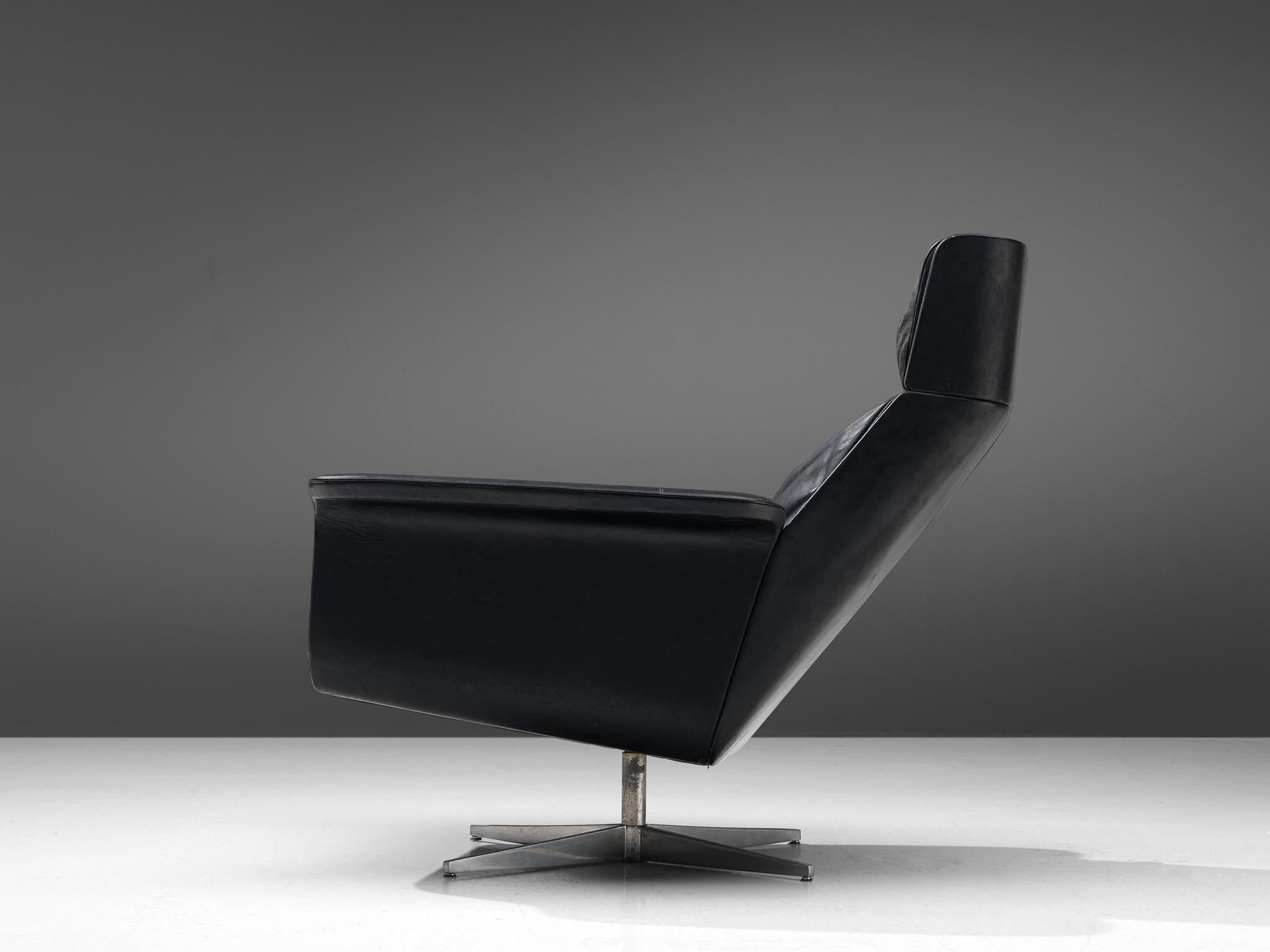 Mid-20th Century Modernist Swivel Lounge Chair with Ottoman in Black Leather