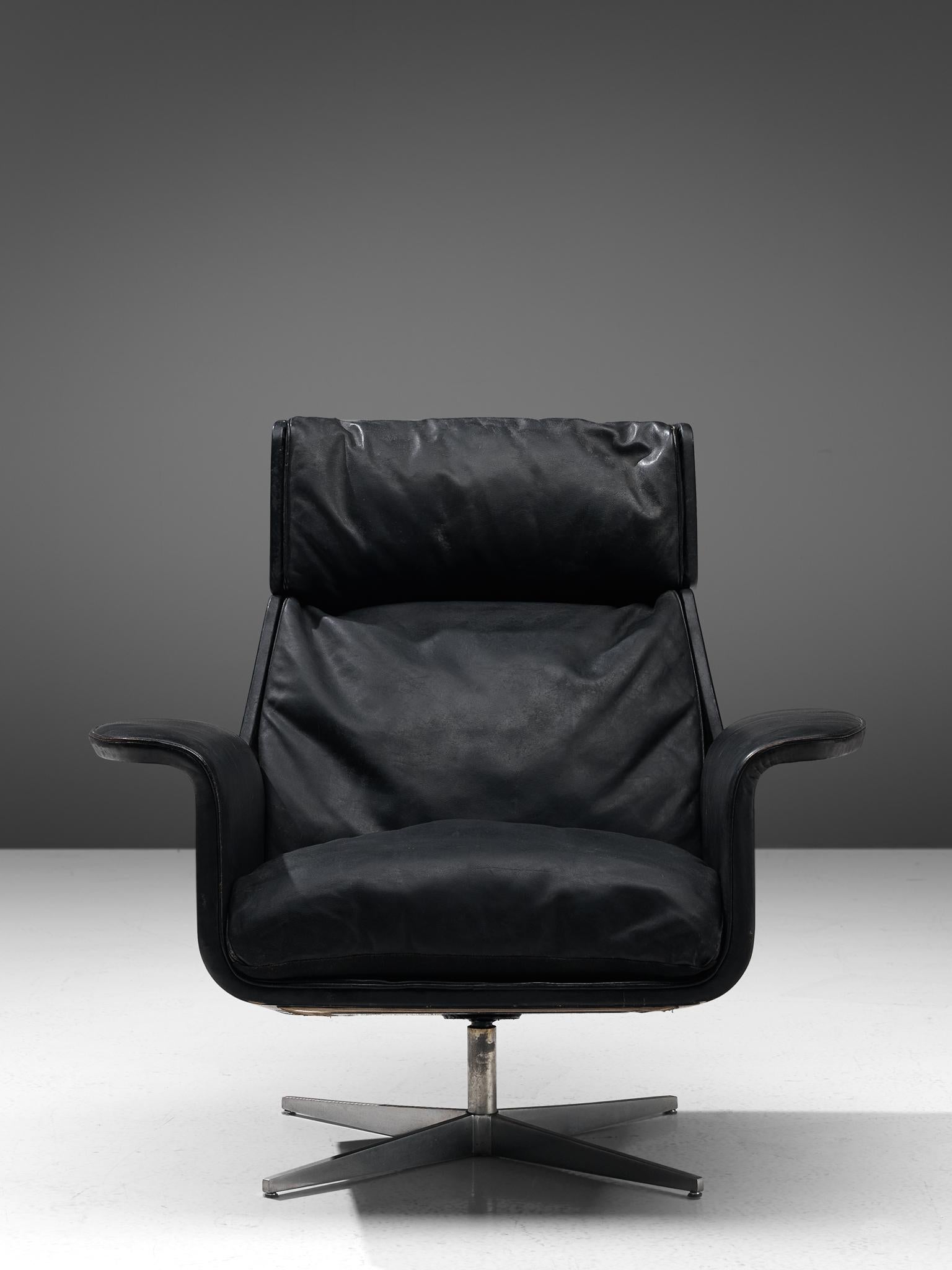 Metal Modernist Swivel Lounge Chair with Ottoman in Black Leather