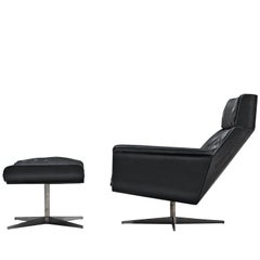 Modernist Swivel Lounge Chair with Ottoman in Black Leather