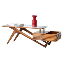 Modernist table in cherry with wooden frame and glass by Mario Gottardi