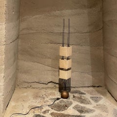 Modernist Table Lamp Brutalist Ball Base Trio of Square Shades in Linen 1960s