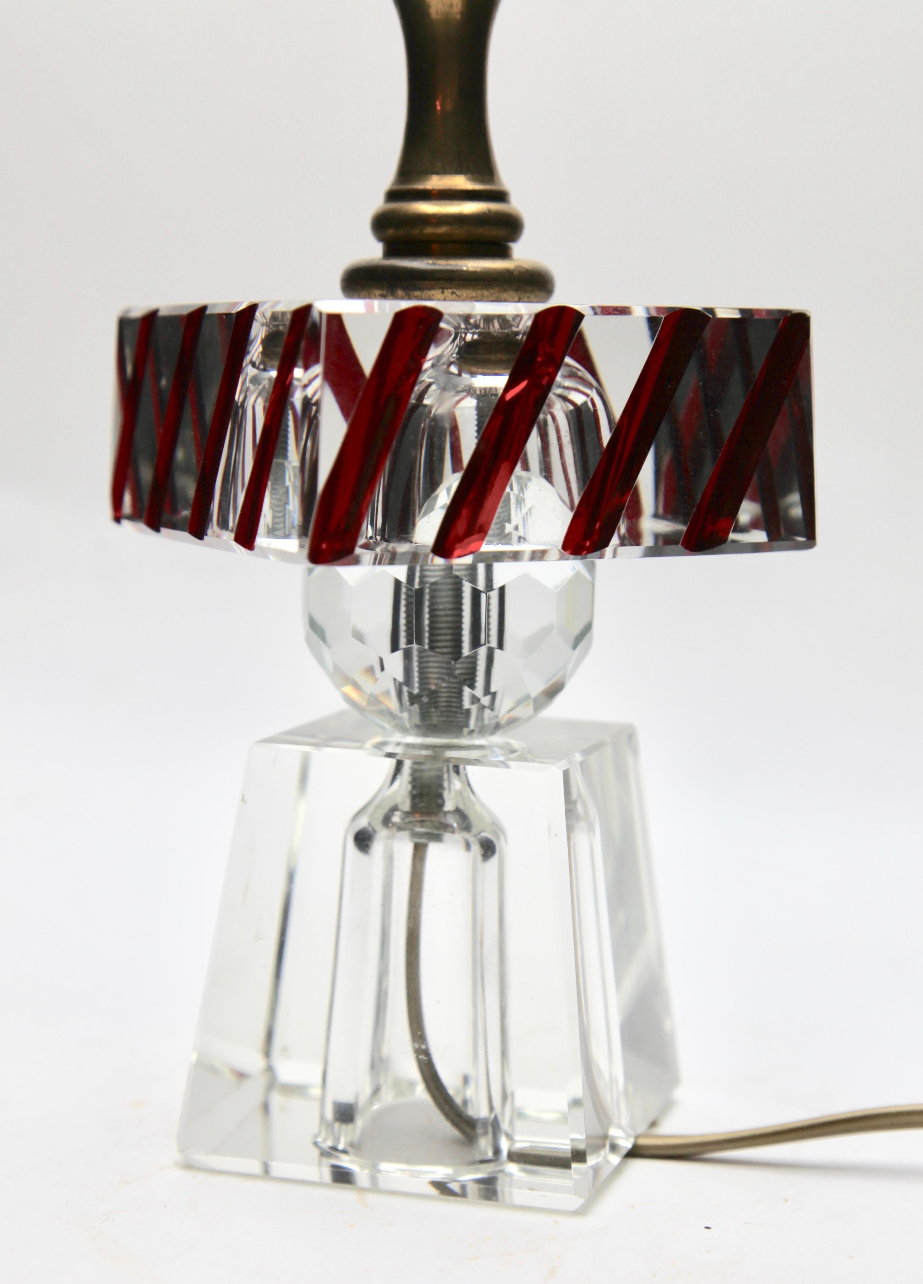 Faceted Modernist Table Lamp in Cut Crystal with Platform, Colored in the Mass For Sale