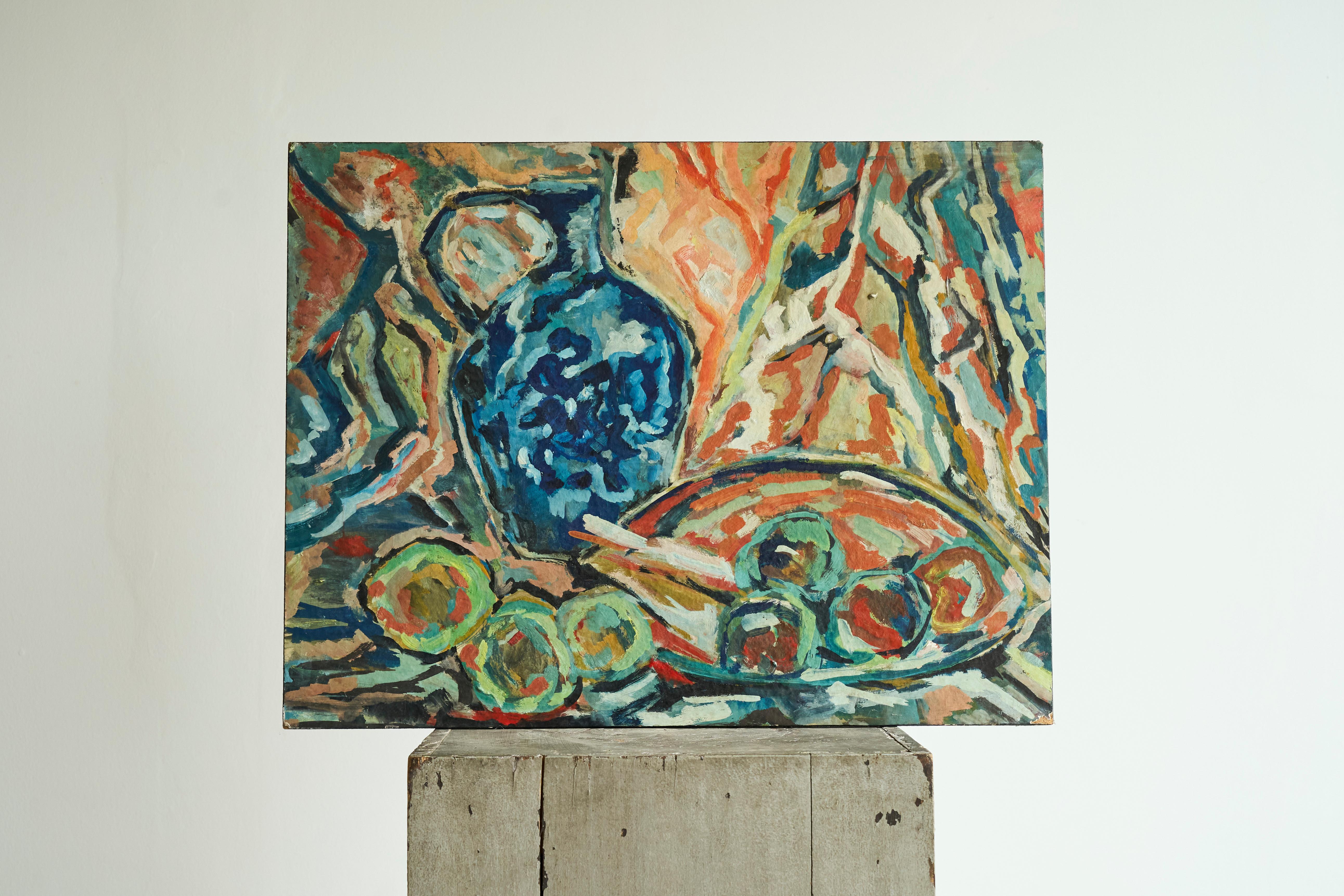 Modernist Table Scene Oil on Board, Europe, 1960s

Beautiful and very expressive mid century painting on board. Semi abstract table scene with food and a jug. Very well painted - beautiful colors and showing fast and free brush strokes. A stunning