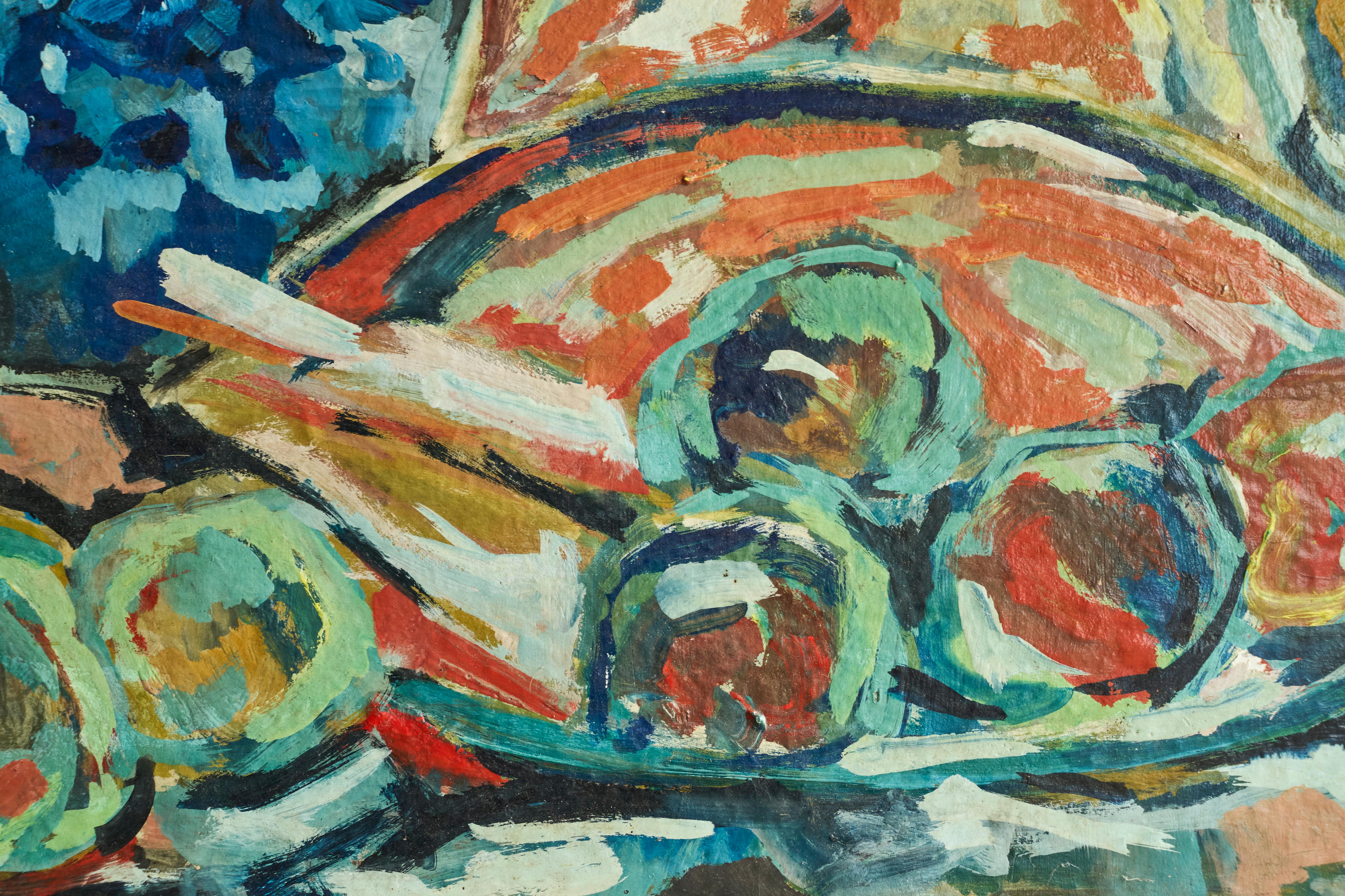 Hand-Crafted Modernist Table Scene Oil on Board 1960s For Sale