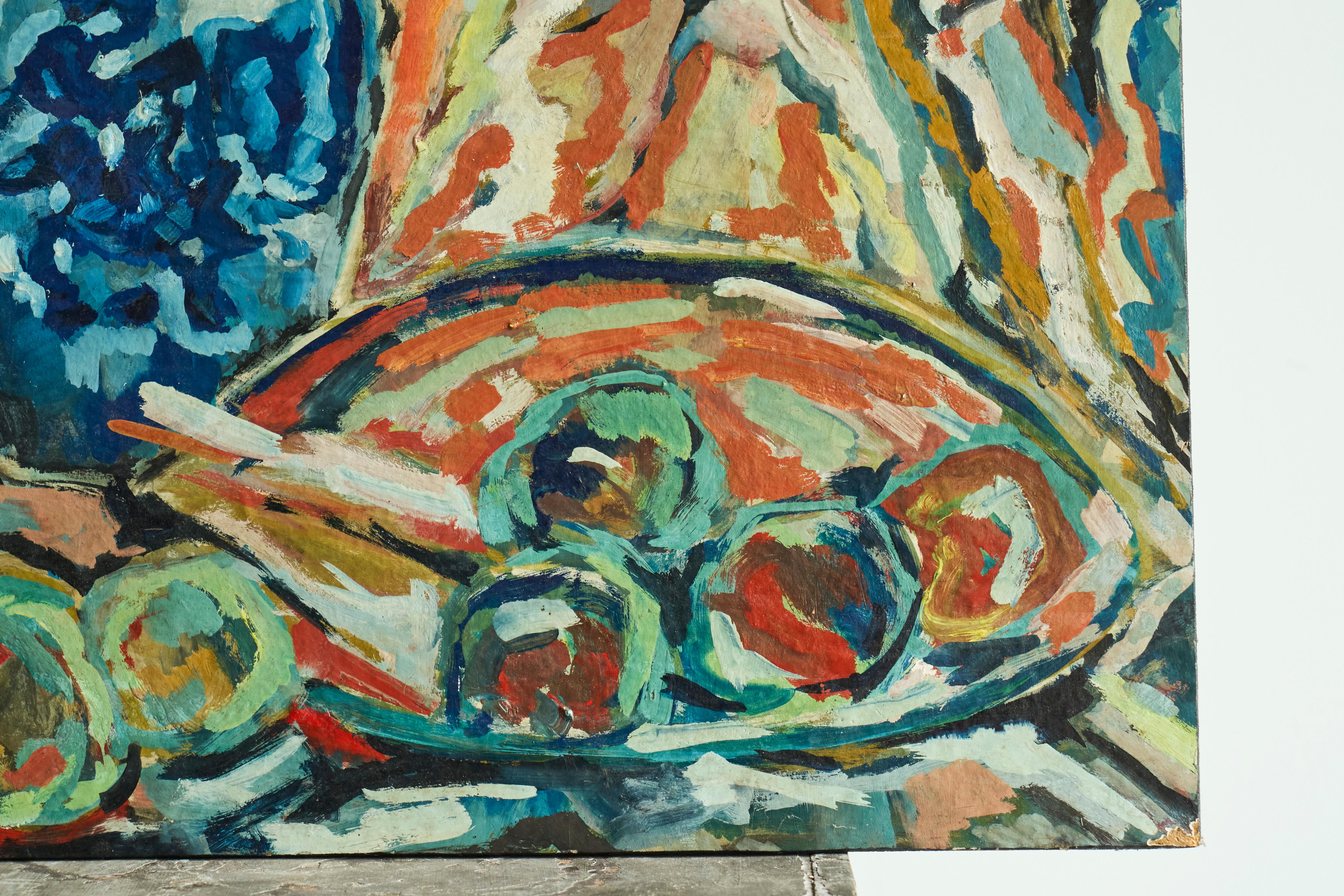 20th Century Modernist Table Scene Oil on Board 1960s For Sale
