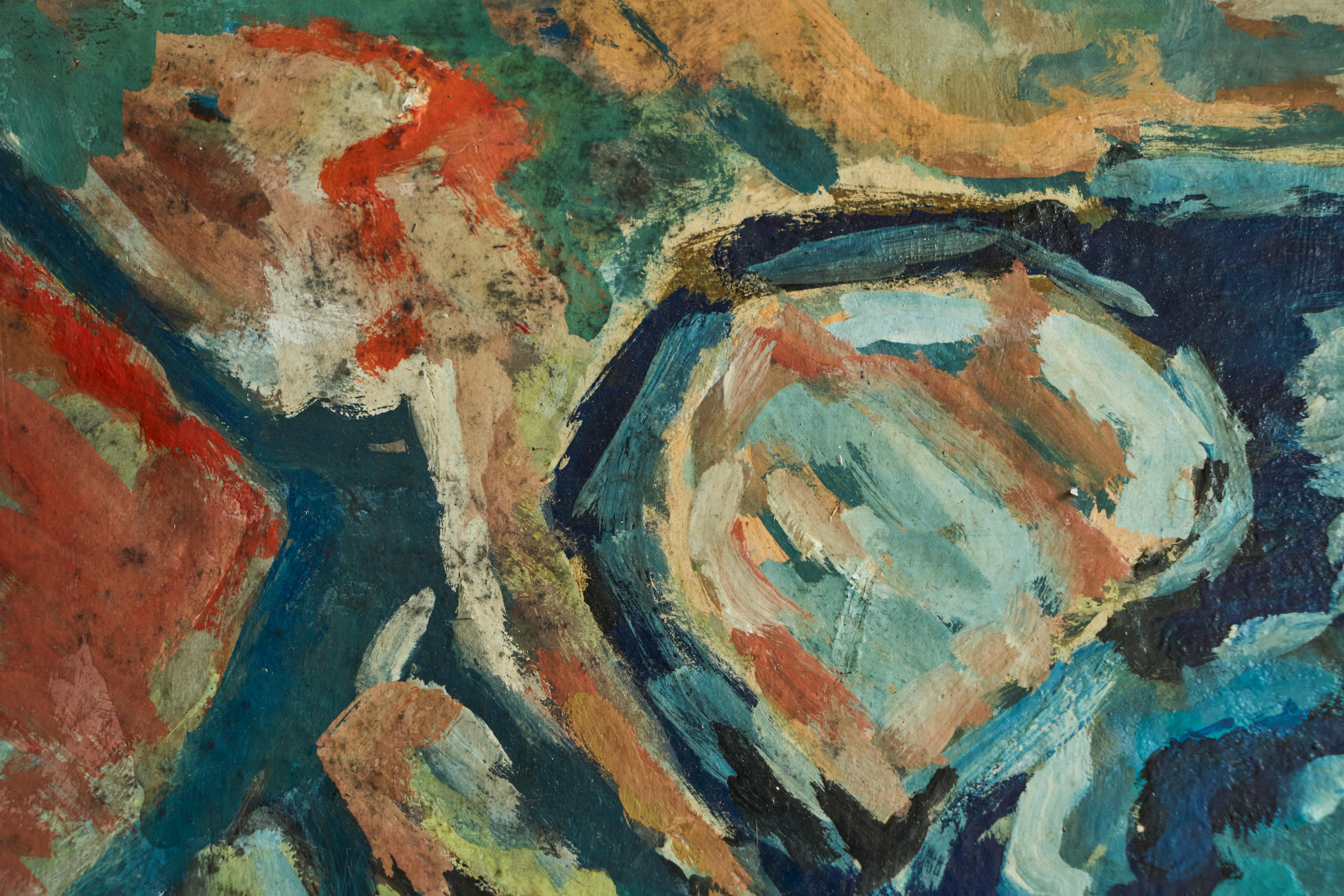 Wood Modernist Table Scene Oil on Board 1960s For Sale