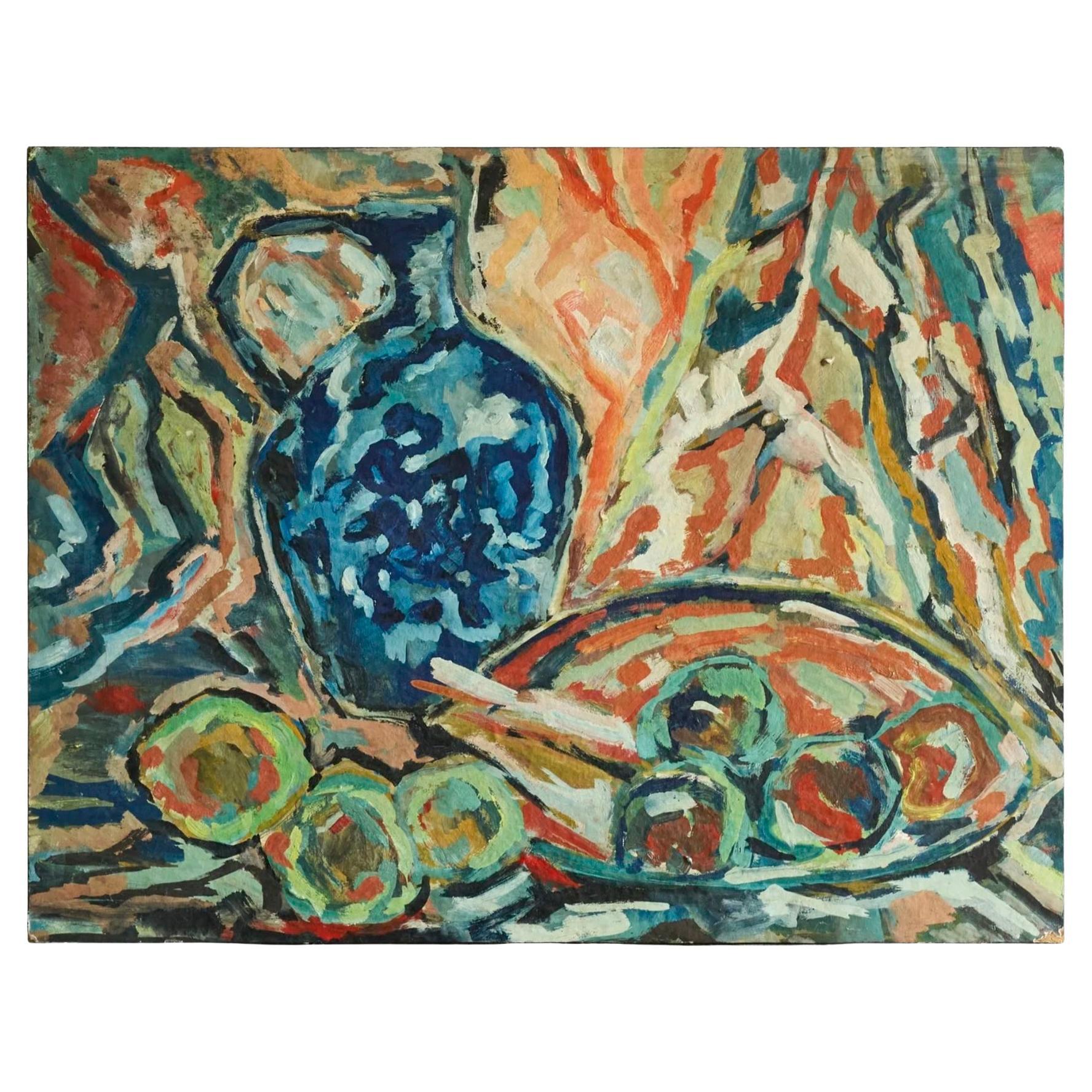 Modernist Table Scene Oil on Board 1960s For Sale
