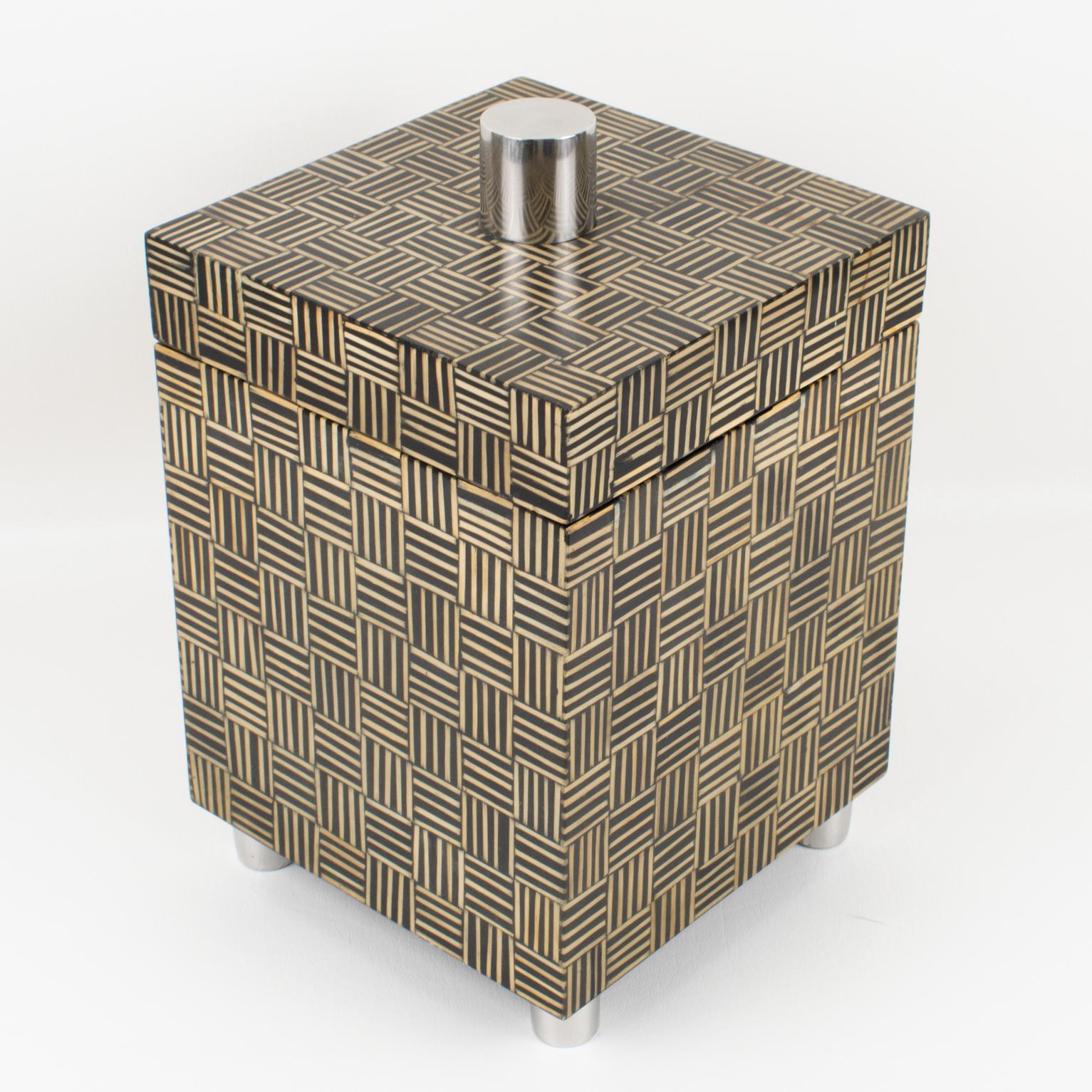 Late 20th Century Modernist Tall Box with Wood Marquetry Patchwork, 1970s For Sale
