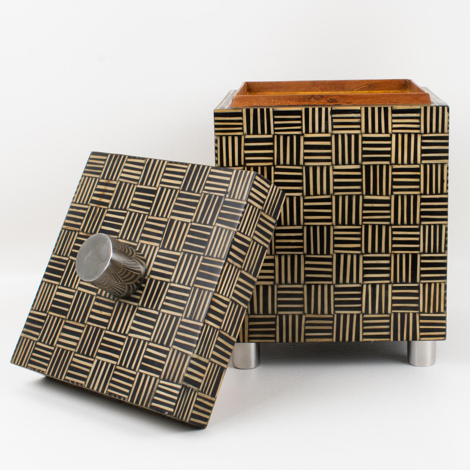 Metal Modernist Tall Box with Wood Marquetry Patchwork, 1970s For Sale