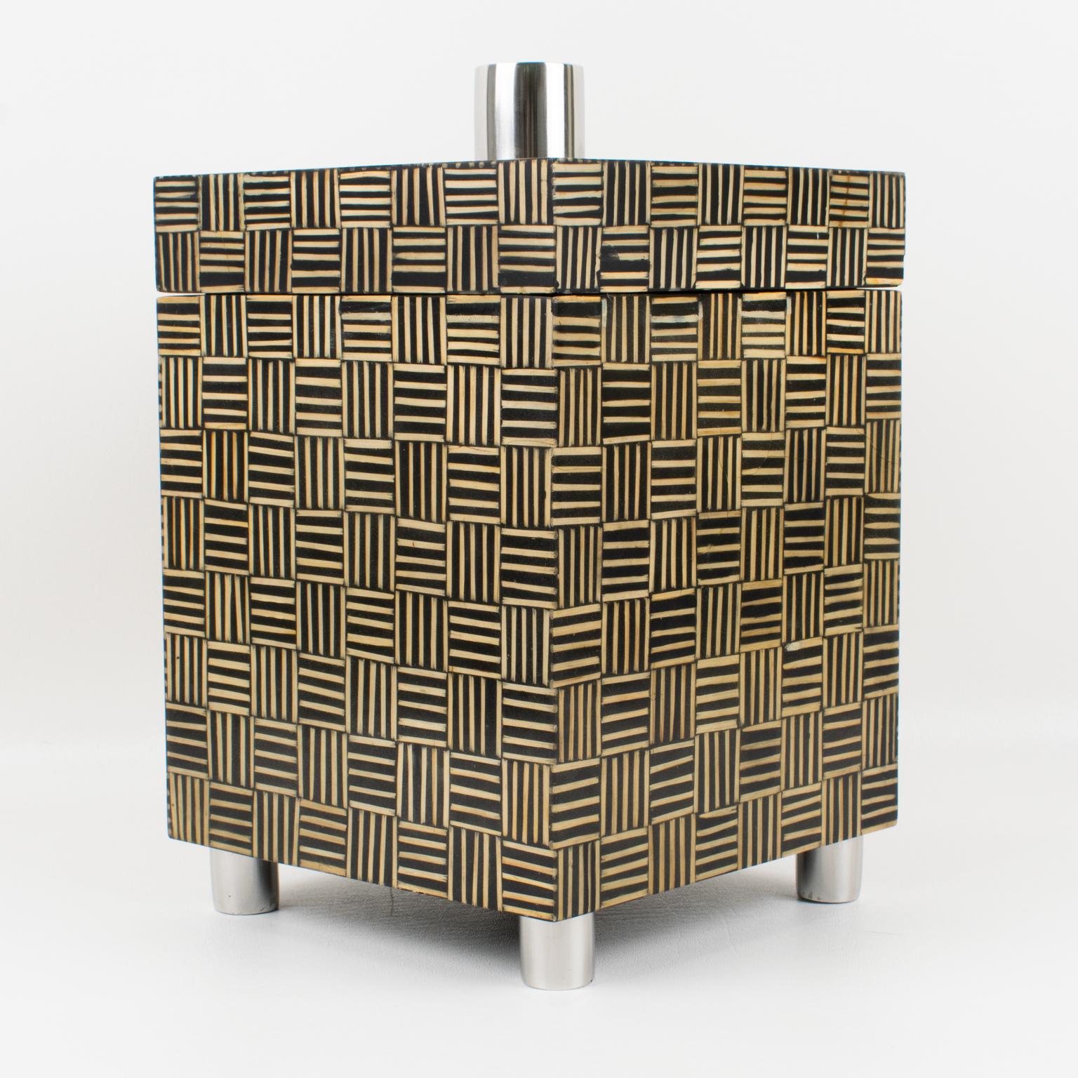 Metal Modernist Tall Box with Wood Marquetry Patchwork, 1970s For Sale
