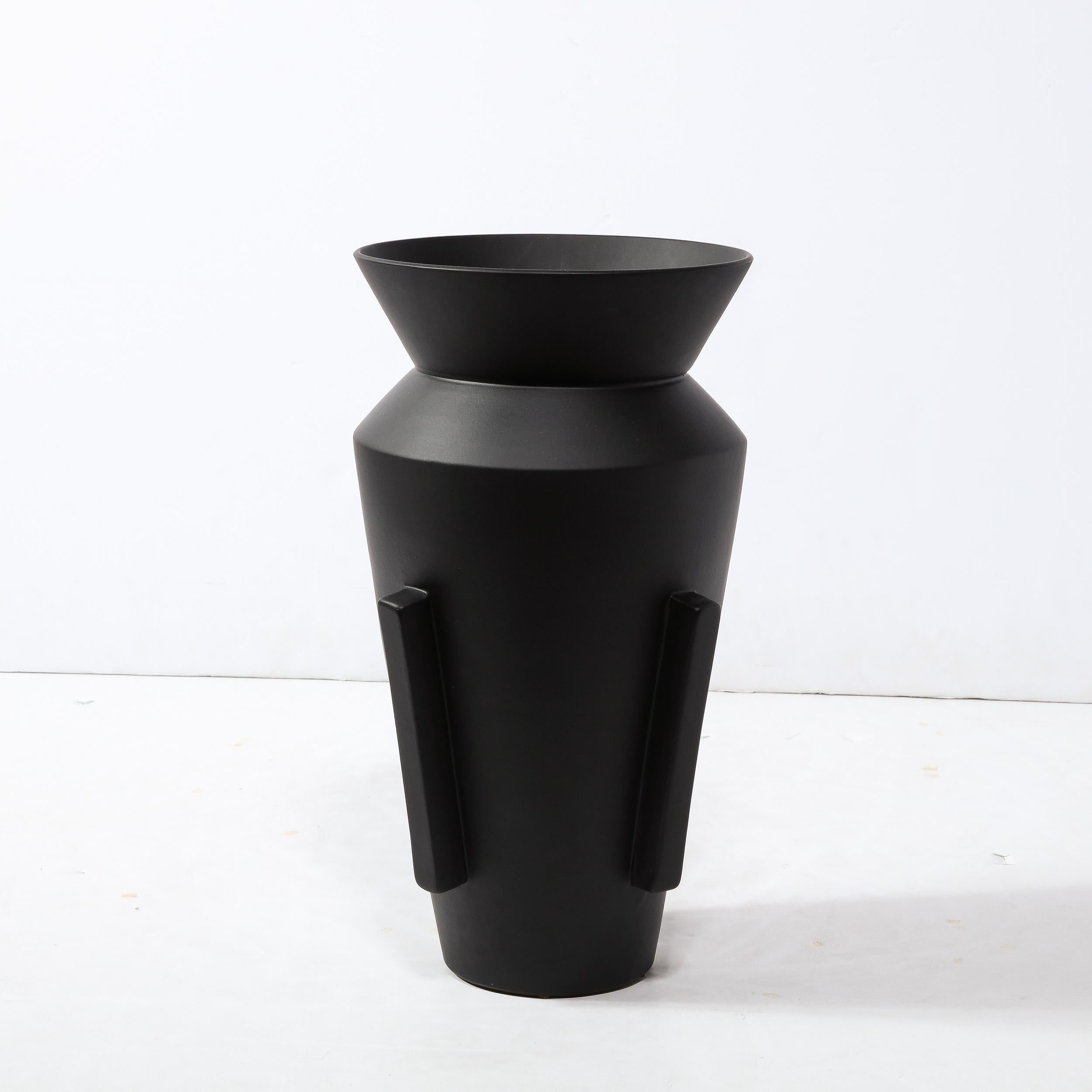 American Modernist Tall Charcoal Urn Form Ceramic Vase with Rectilinear Detailing For Sale