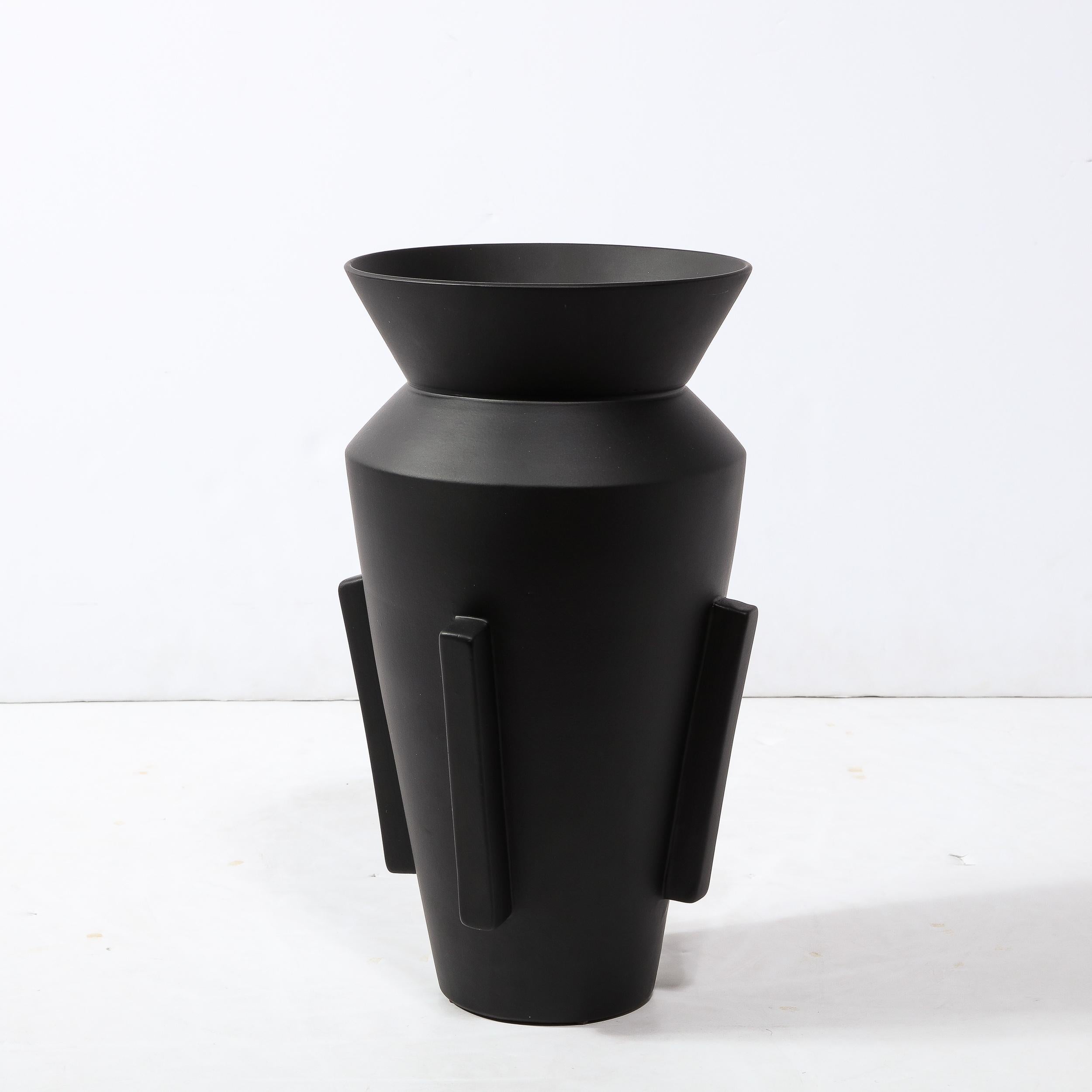 Modernist Tall Charcoal Urn Form Ceramic Vase with Rectilinear Detailing In Excellent Condition For Sale In New York, NY