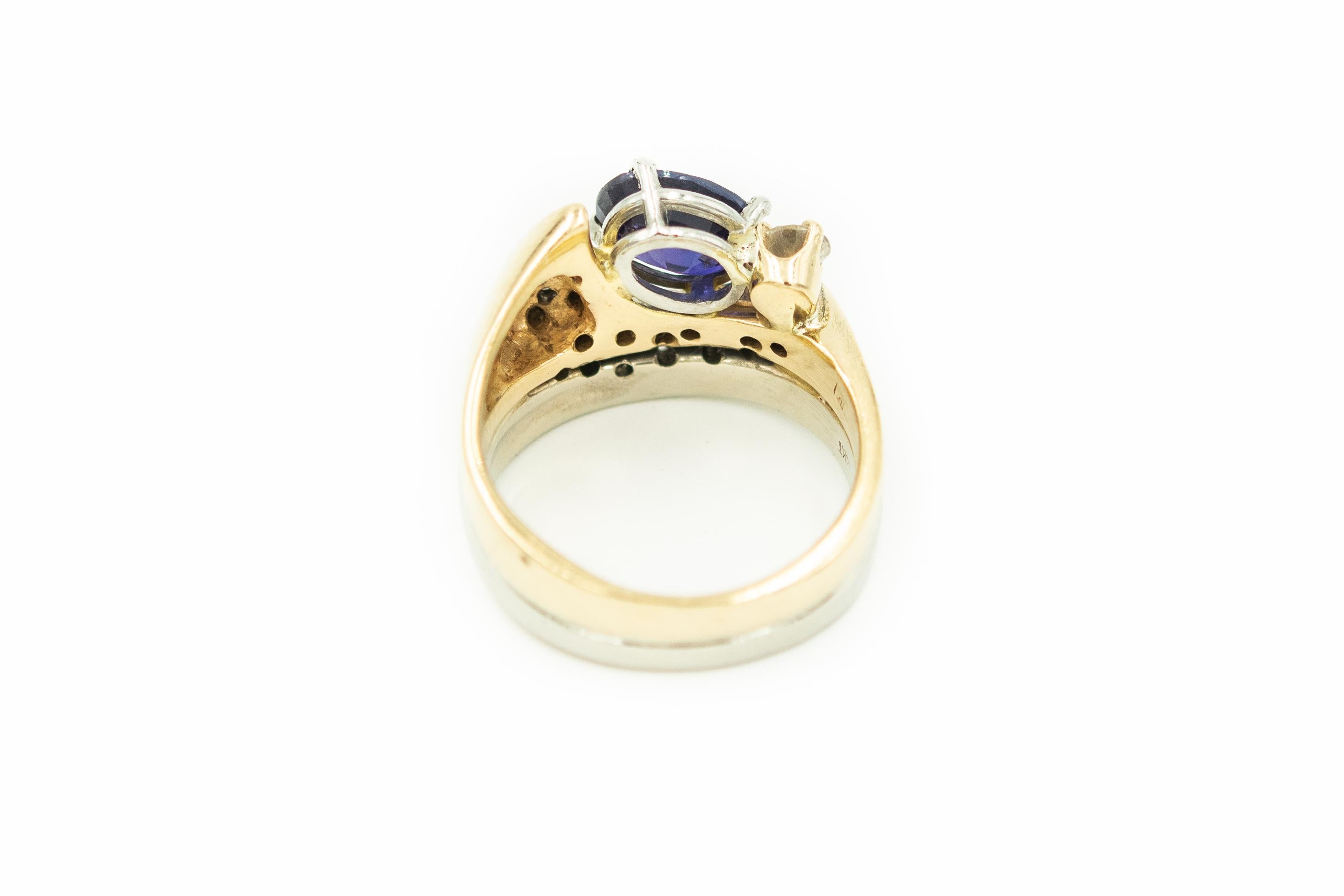 Women's or Men's Modernist Tanzanite Diamond Two Tone White and Yellow Gold Cocktail Ring For Sale