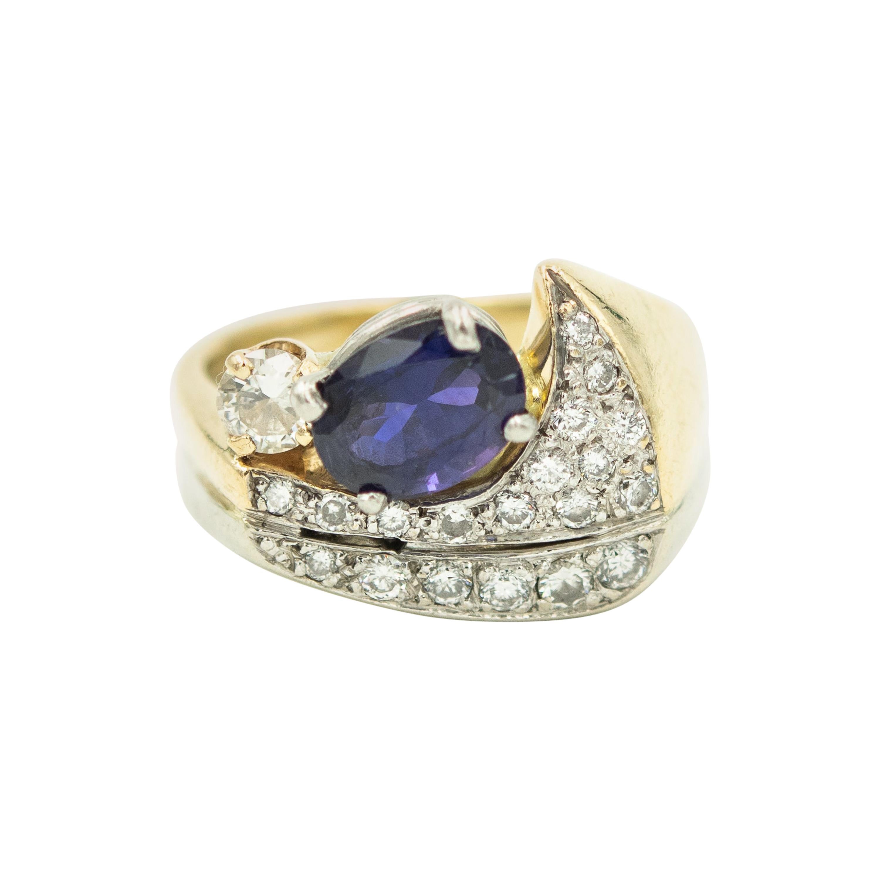 Modernist Tanzanite Diamond Two Tone White and Yellow Gold Cocktail Ring For Sale