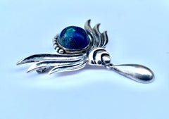 Modernist Taxco Los Castillo Silver, Azul Malachite Winged Angel Brooch, 1940s