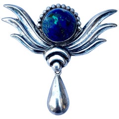 Broche modernista Taxco Los Castillo Plata, azul malaquita Ángel alado, años 40