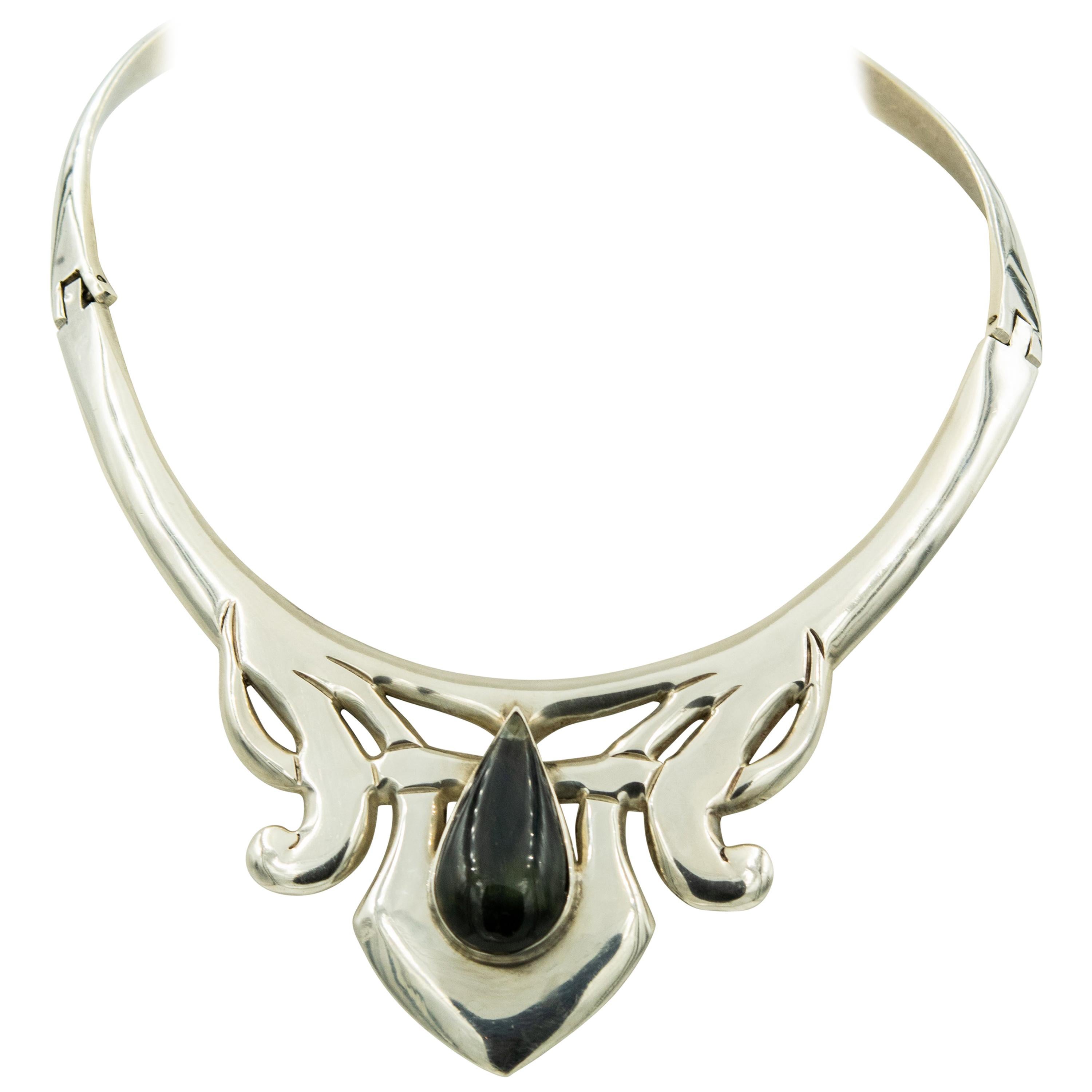 Modernist Taxco Mexican Sterling Silver Collar Necklace by Alicia De La Paz For Sale