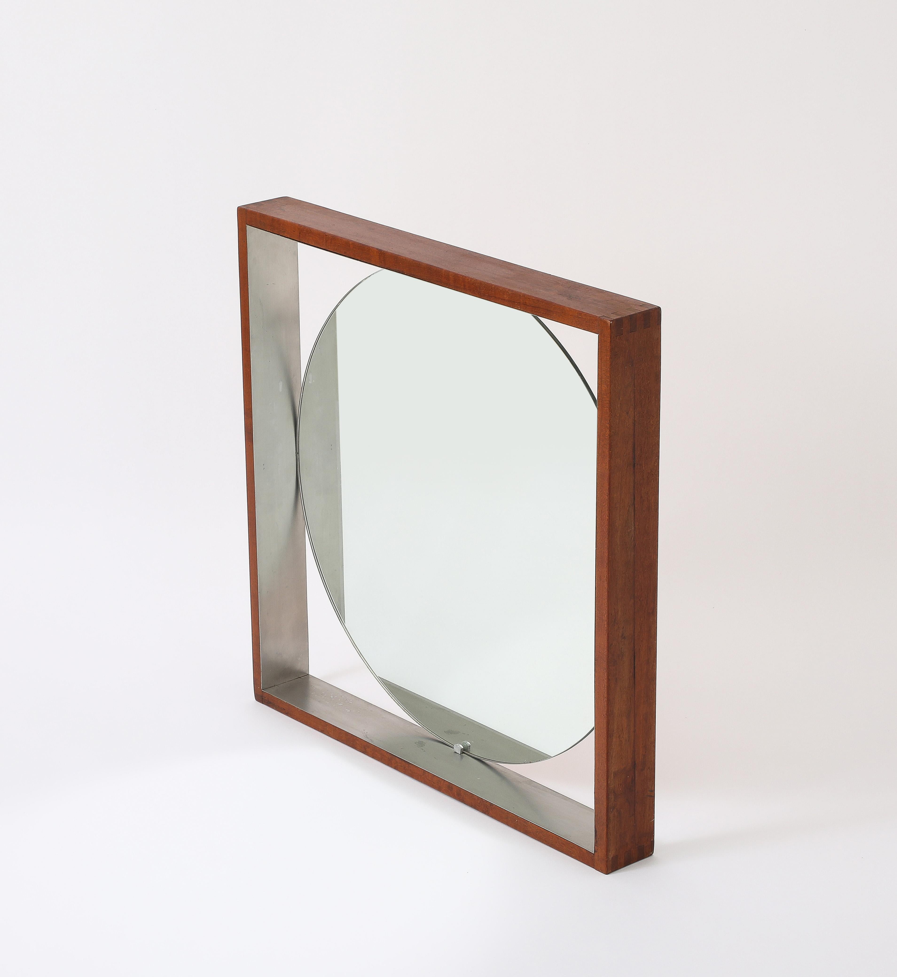 Modernistischer Wandspiegel aus Teakholz und Edelstahl – Skandinavisch, 1970er Jahre im Angebot 6