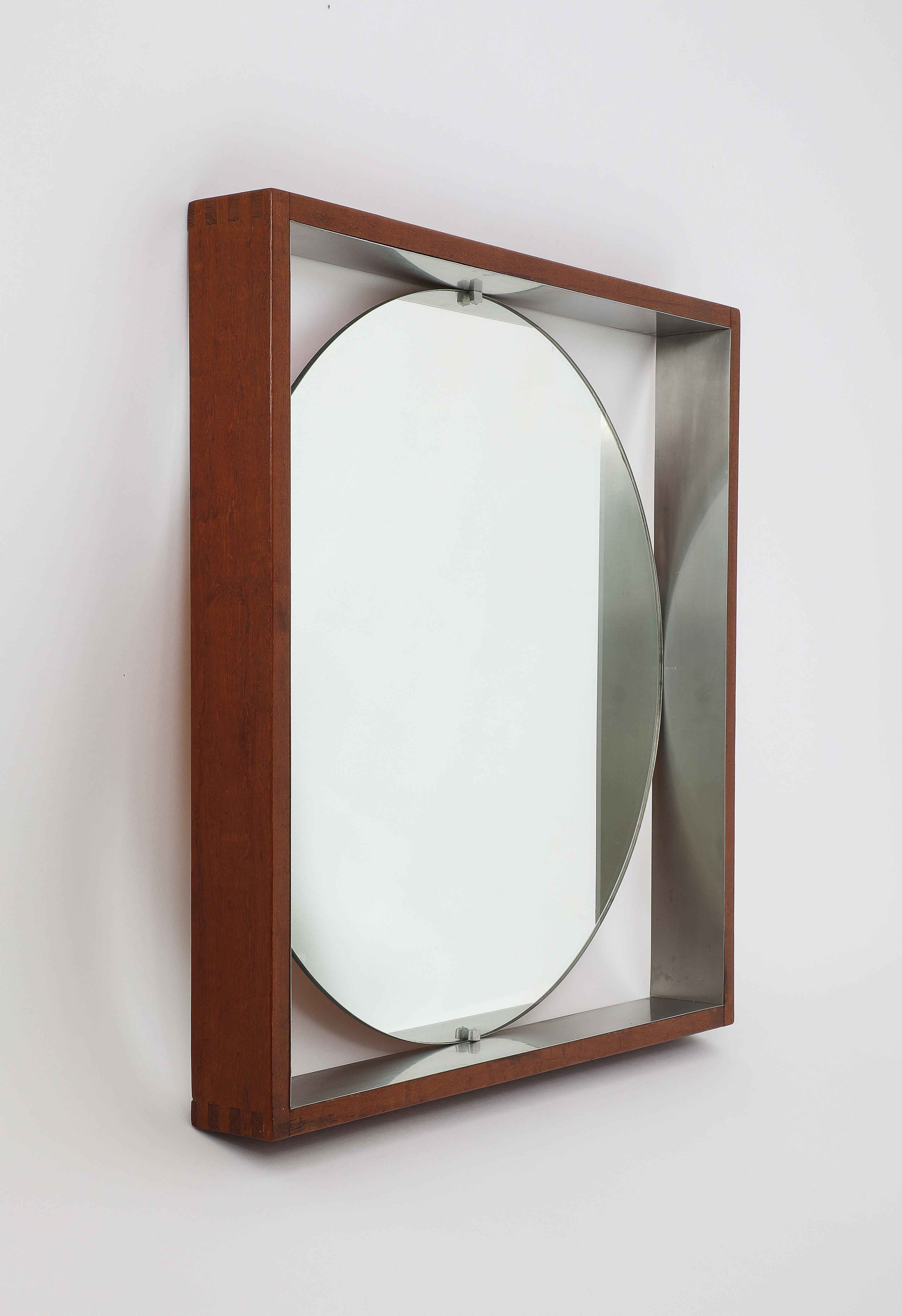 Modernistischer Wandspiegel aus Teakholz und Edelstahl – Skandinavisch, 1970er Jahre (Ende des 20. Jahrhunderts) im Angebot