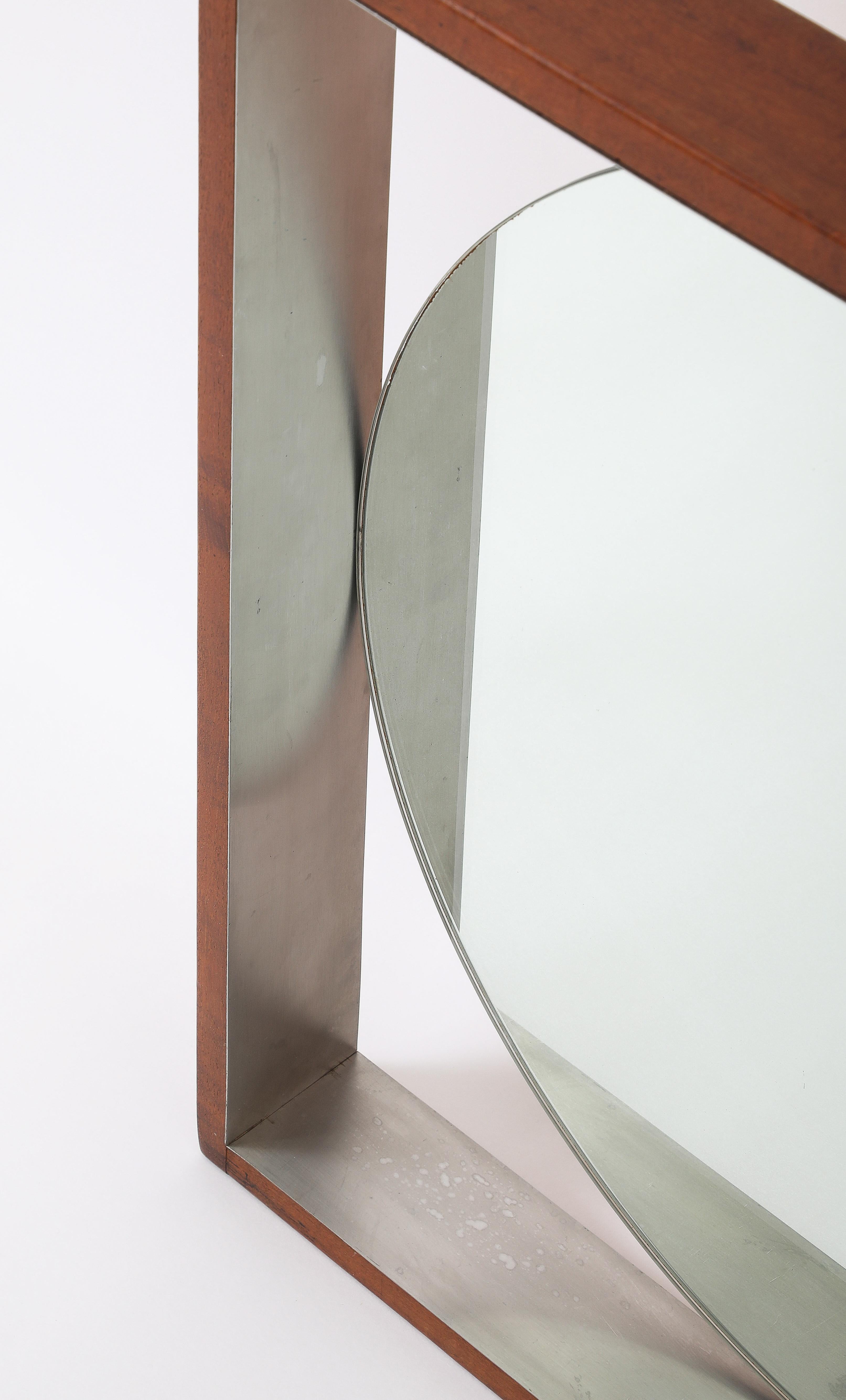 Modernistischer Wandspiegel aus Teakholz und Edelstahl – Skandinavisch, 1970er Jahre im Angebot 2