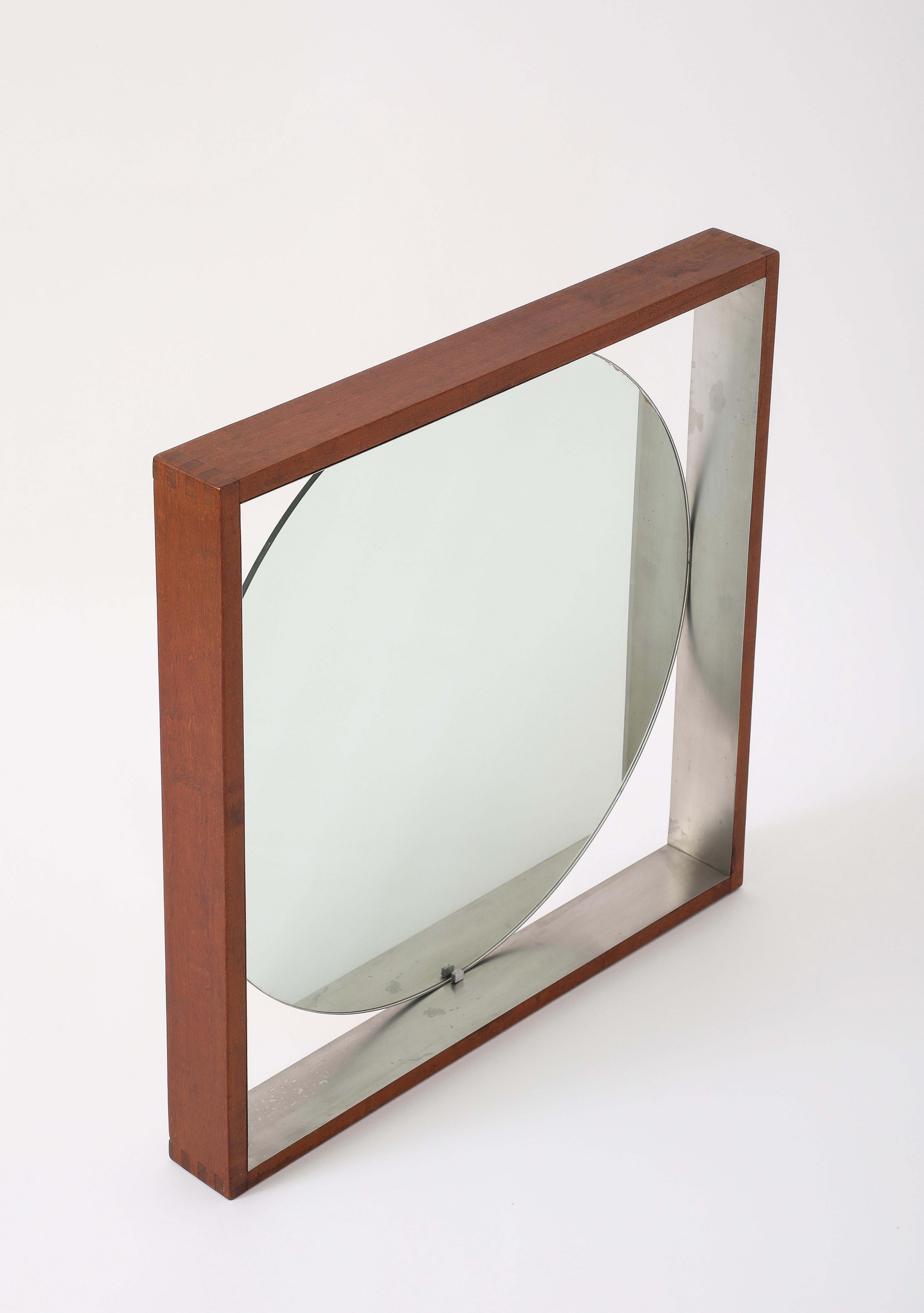 Modernistischer Wandspiegel aus Teakholz und Edelstahl – Skandinavisch, 1970er Jahre im Angebot 3