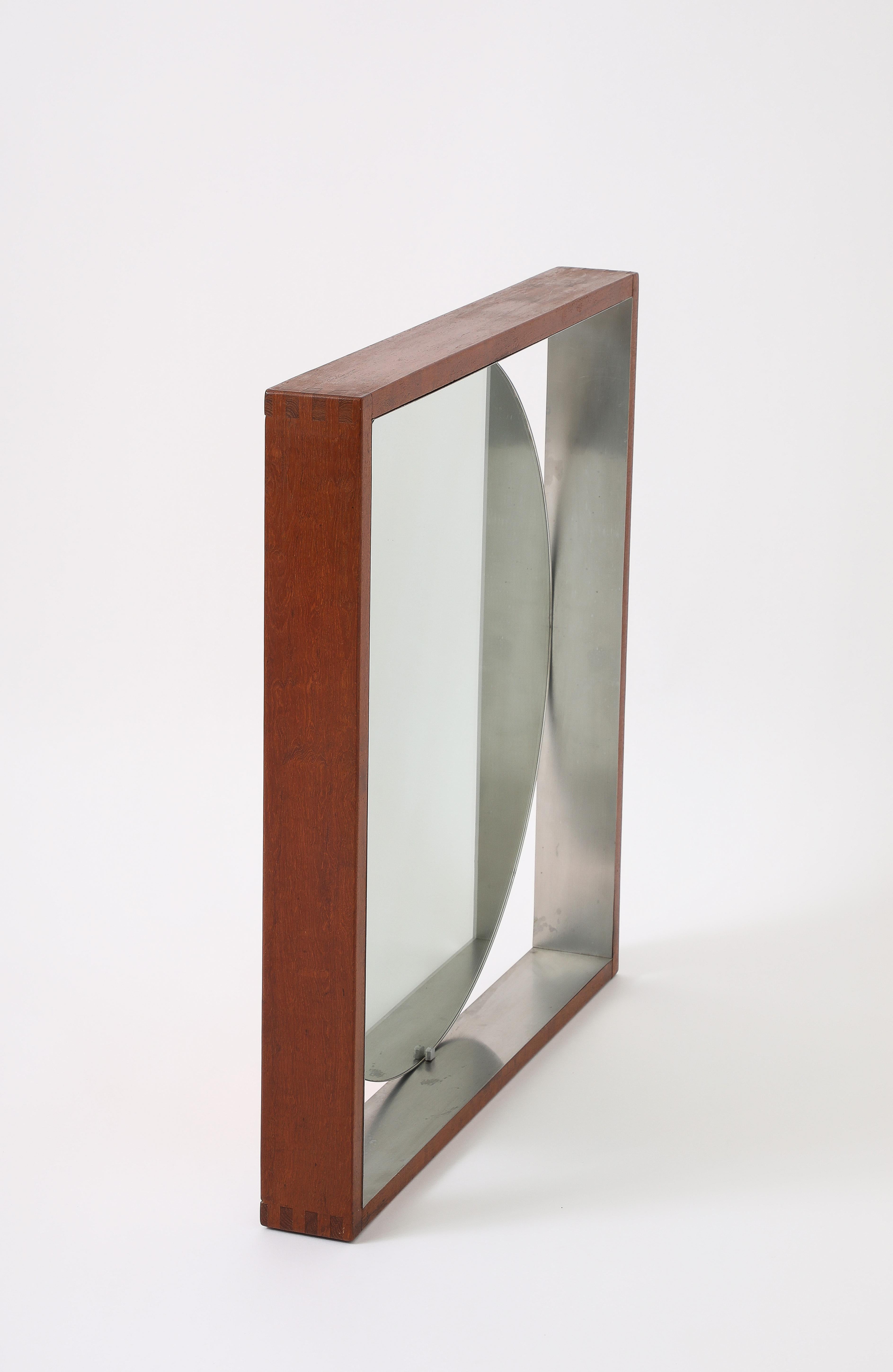 Modernistischer Wandspiegel aus Teakholz und Edelstahl – Skandinavisch, 1970er Jahre im Angebot 4