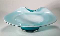 Modernist Teal Blue and White Cased Glass Asymmetrical Bowl