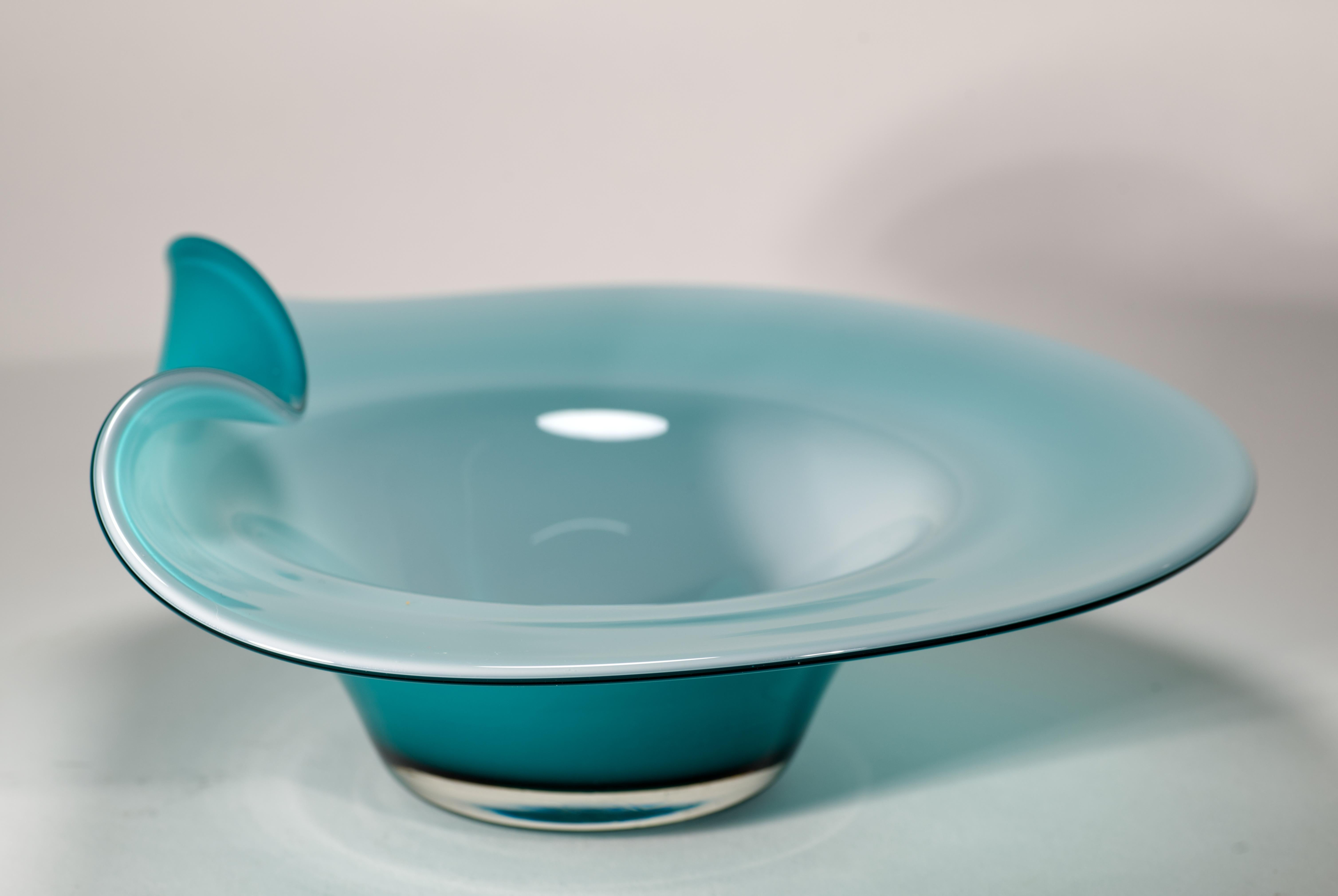 Mid-Century Modern Modernist Teal Blue and White Cased Glass Asymmetrical Bowl For Sale