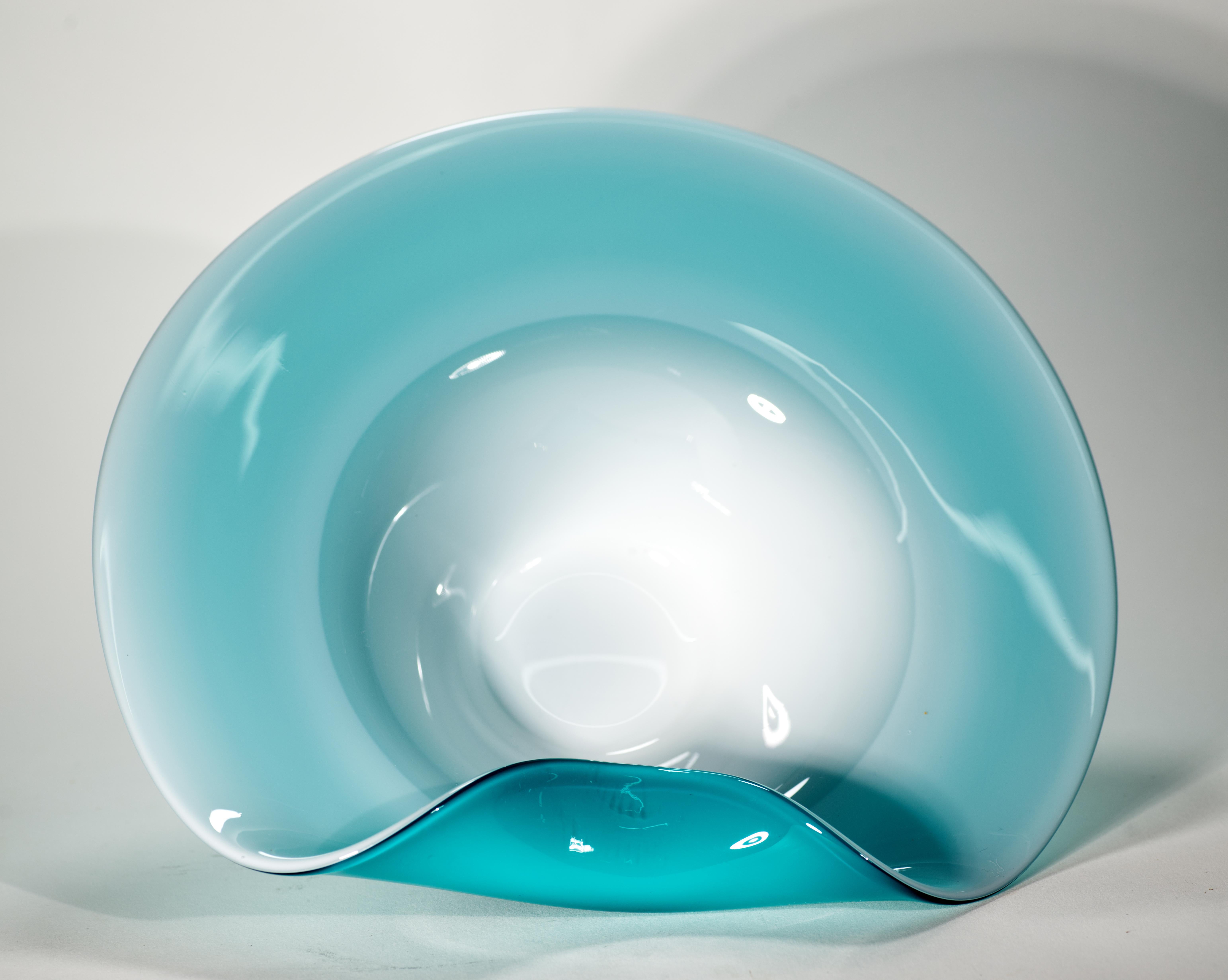 Hand-Crafted Modernist Teal Blue and White Cased Glass Asymmetrical Bowl For Sale