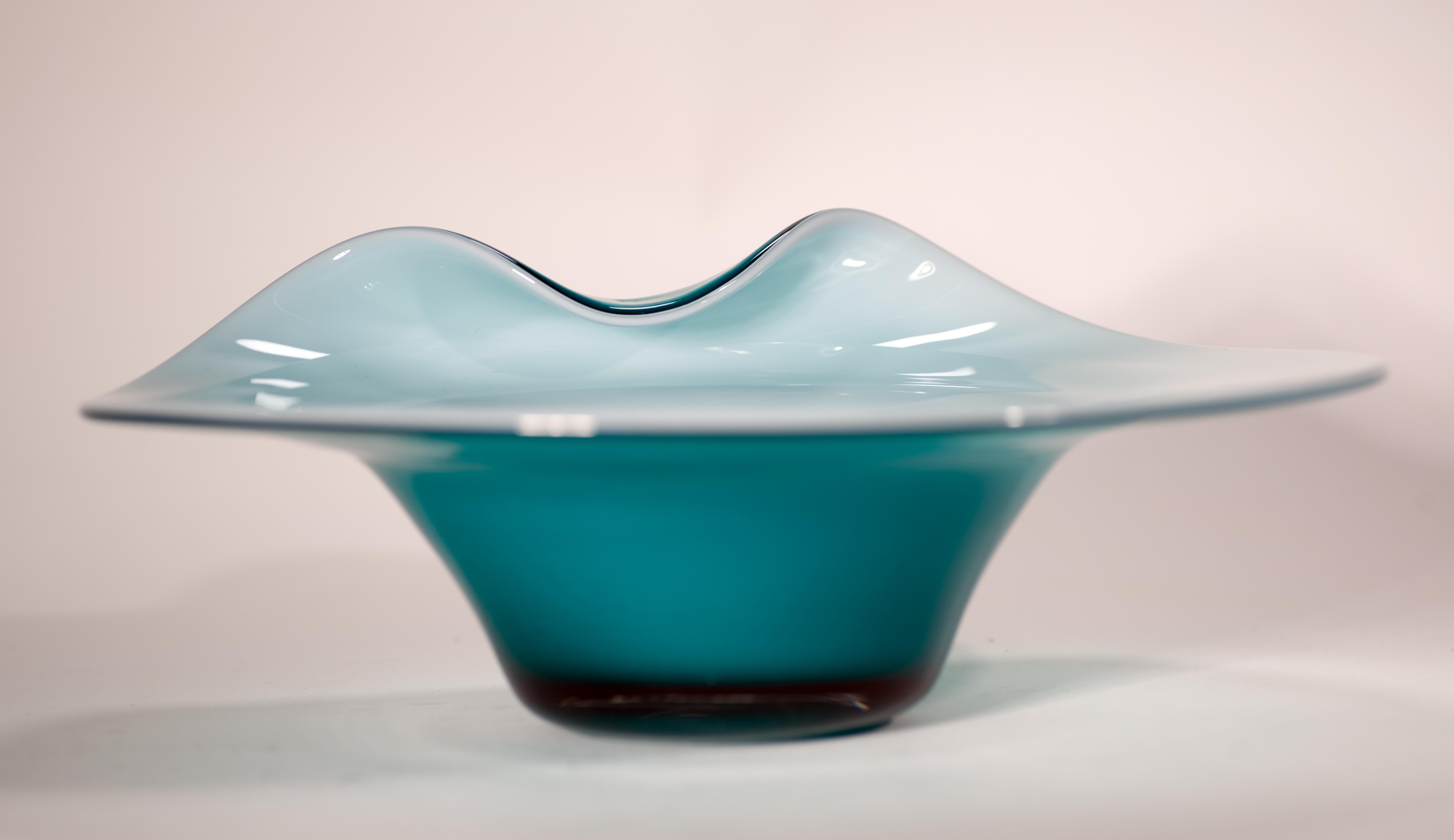 20th Century Modernist Teal Blue and White Cased Glass Asymmetrical Bowl For Sale